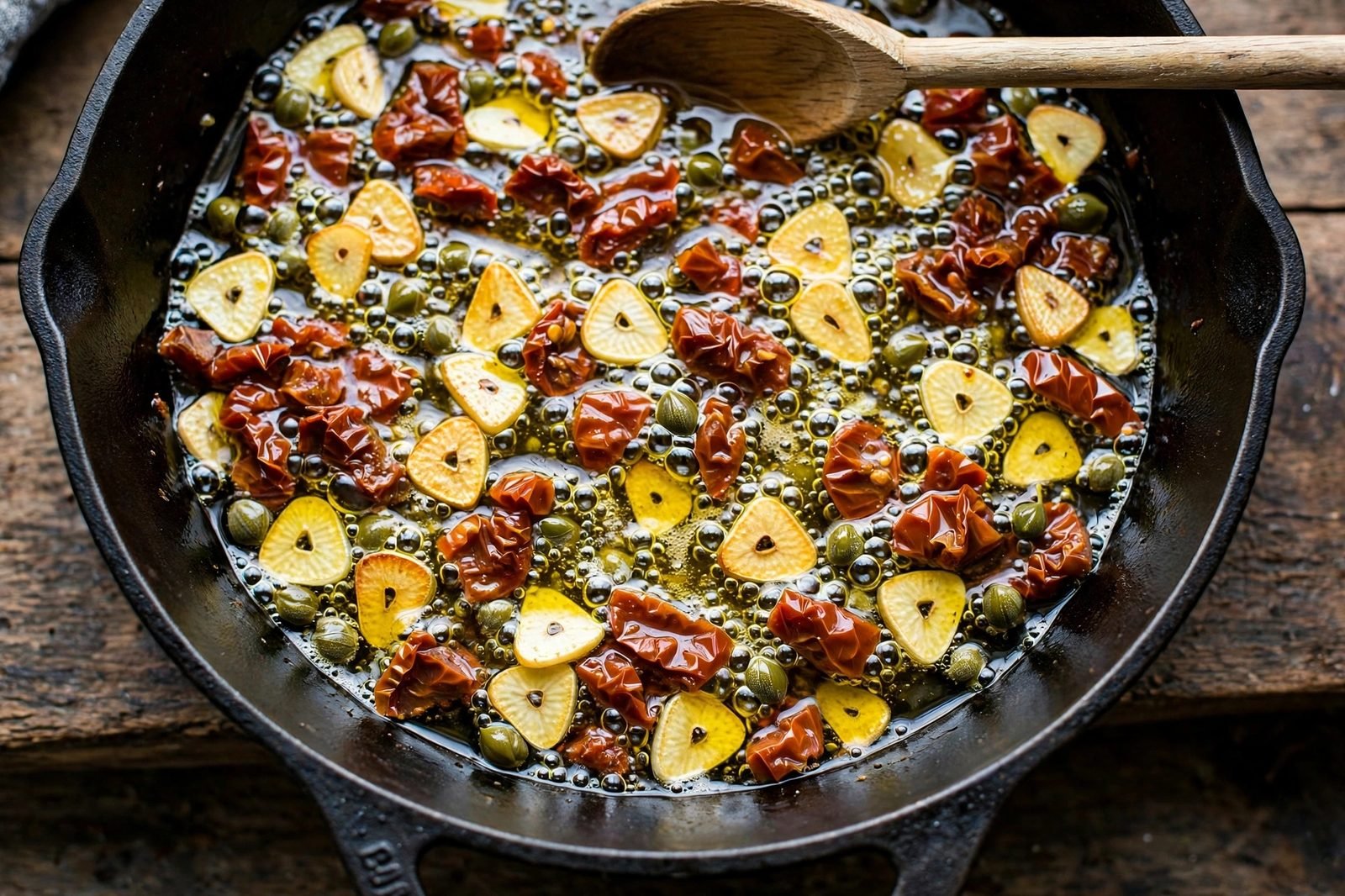 Overhead of a skillet with golden olive oil, sliced garlic, sun-dried tomatoes, and capers gently sizzling.