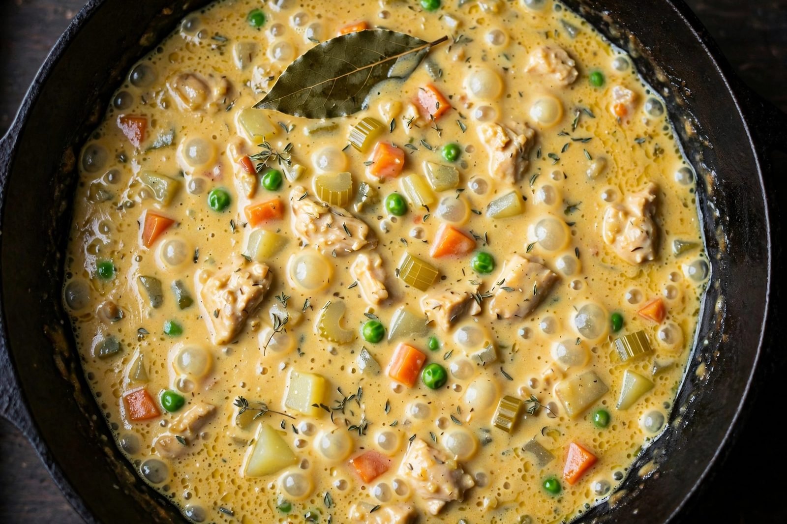 Overhead of the thickened golden broth simmering in the skillet with thyme and bay leaf.