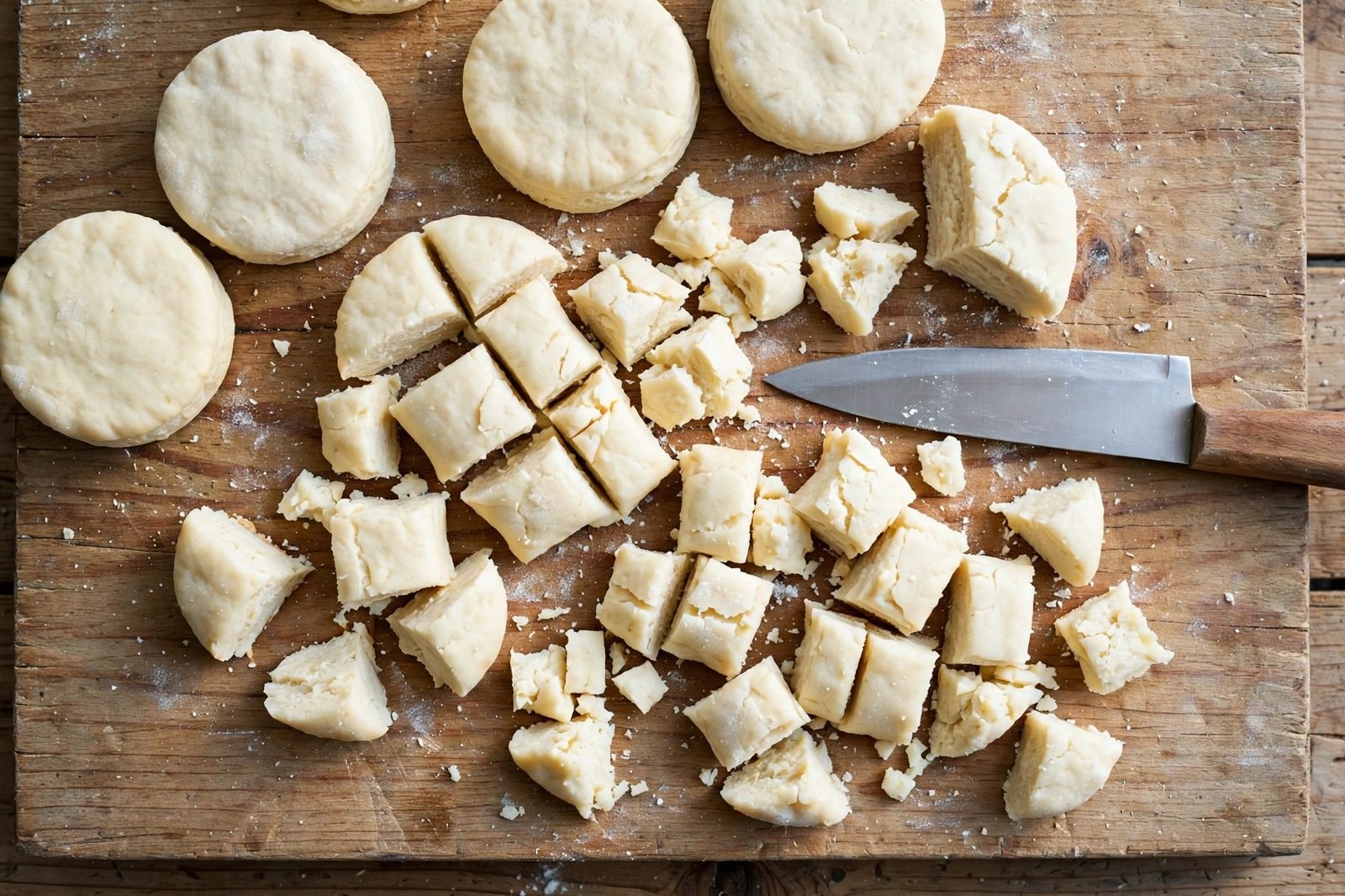 Overhead of refrigerated biscuit dough pieces being cut into small chunks on a cutting board.