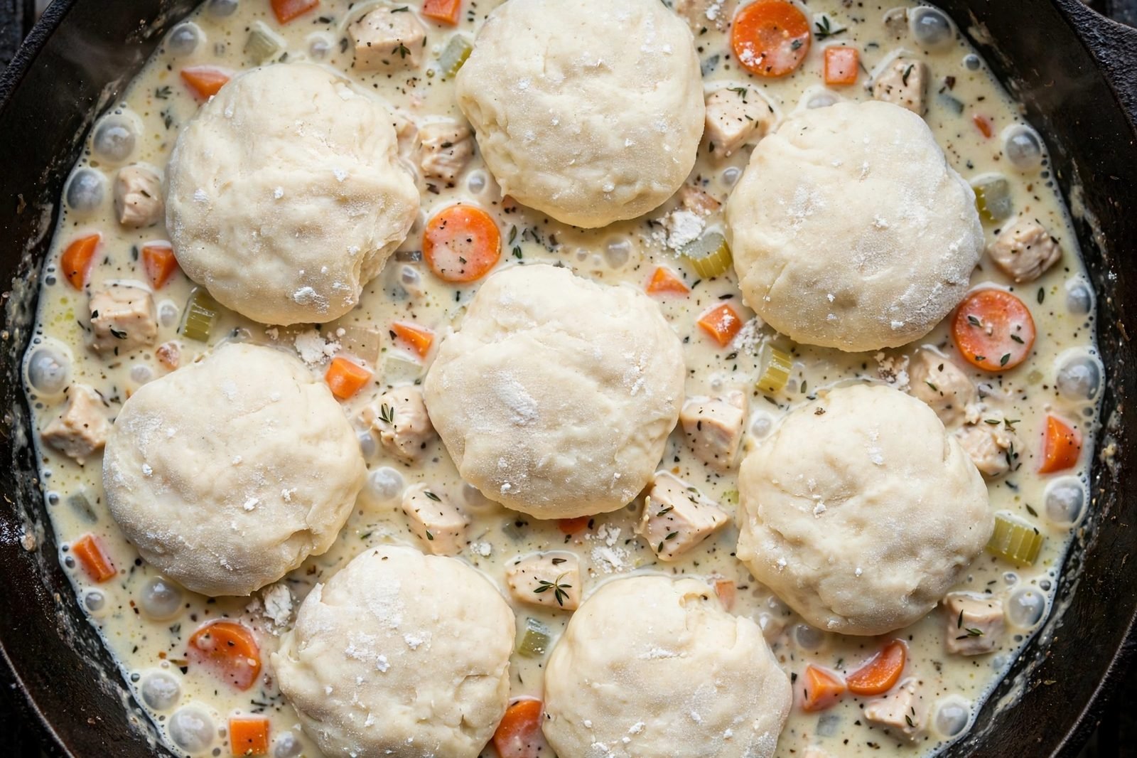 Overhead of raw biscuit pieces arranged in a single layer over the simmering stew in the skillet.