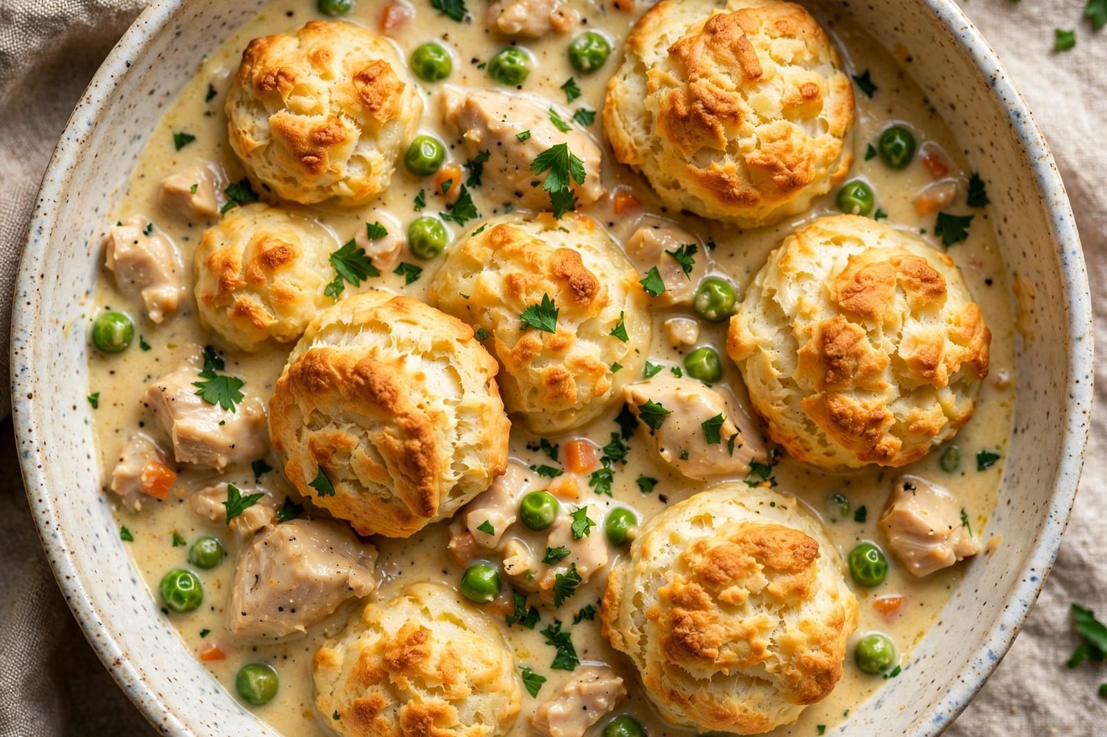 Overhead close-up of puffed, golden biscuit dumplings in the creamy stew, parsley scattered over.
