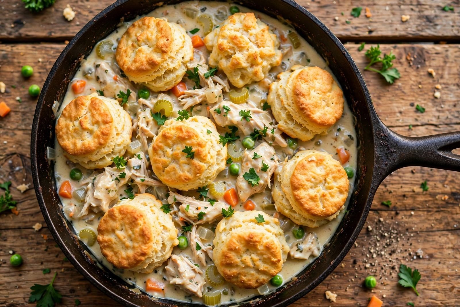 Overhead of the finished skillet: golden puffed biscuit dumplings nestled in creamy chicken stew with carrots, celery, peas, and parsley, in a dark skillet on a wooden table.