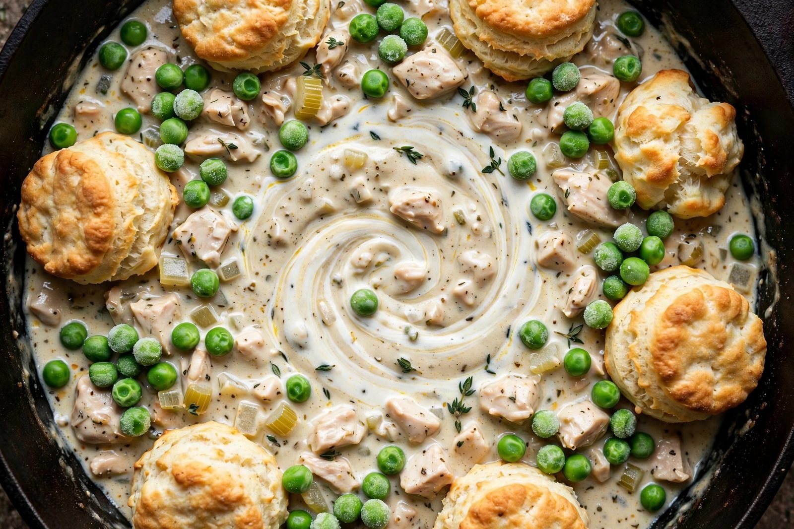 Overhead of green peas and half-and-half just stirred into the stew around the dumplings.