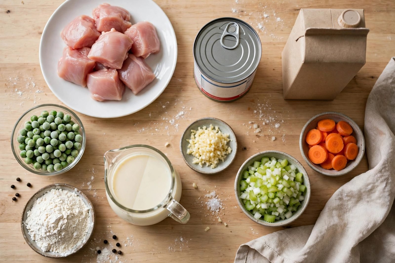 Overhead of raw chicken pieces, canned biscuit dough, sliced carrots, diced celery and onion, garlic, frozen peas, half-and-half, flour, broth carton on a counter.