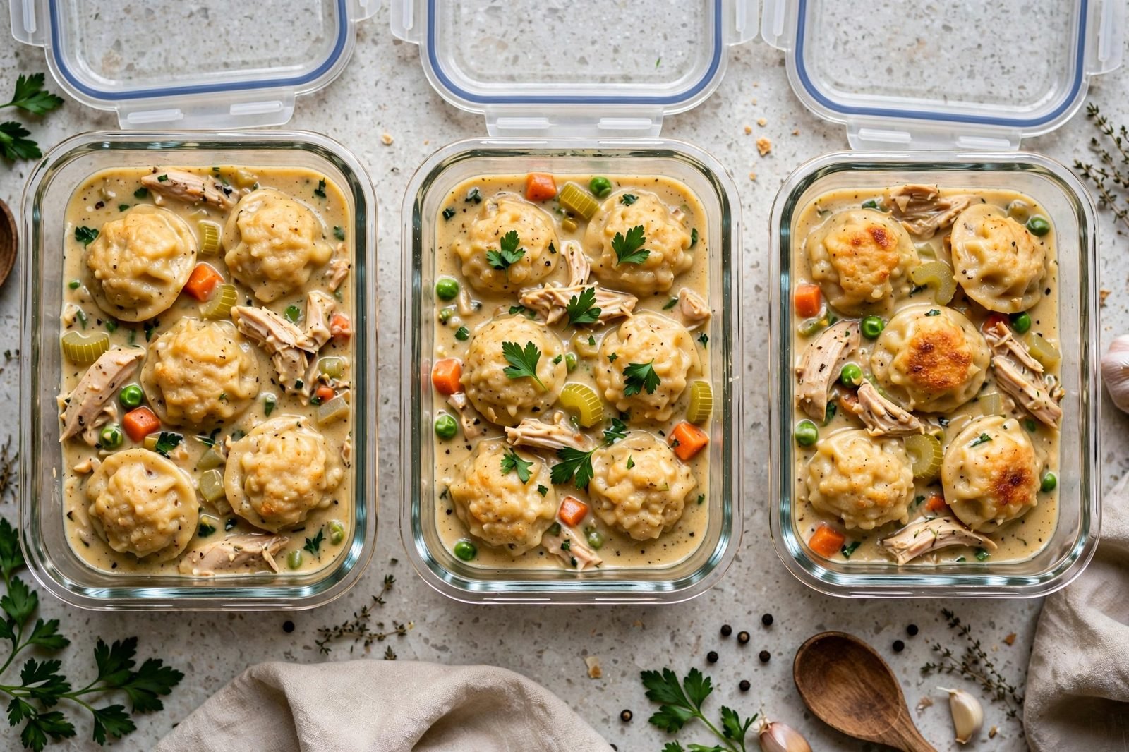 Overhead of glass meal-prep containers filled with the chicken and dumpling stew.