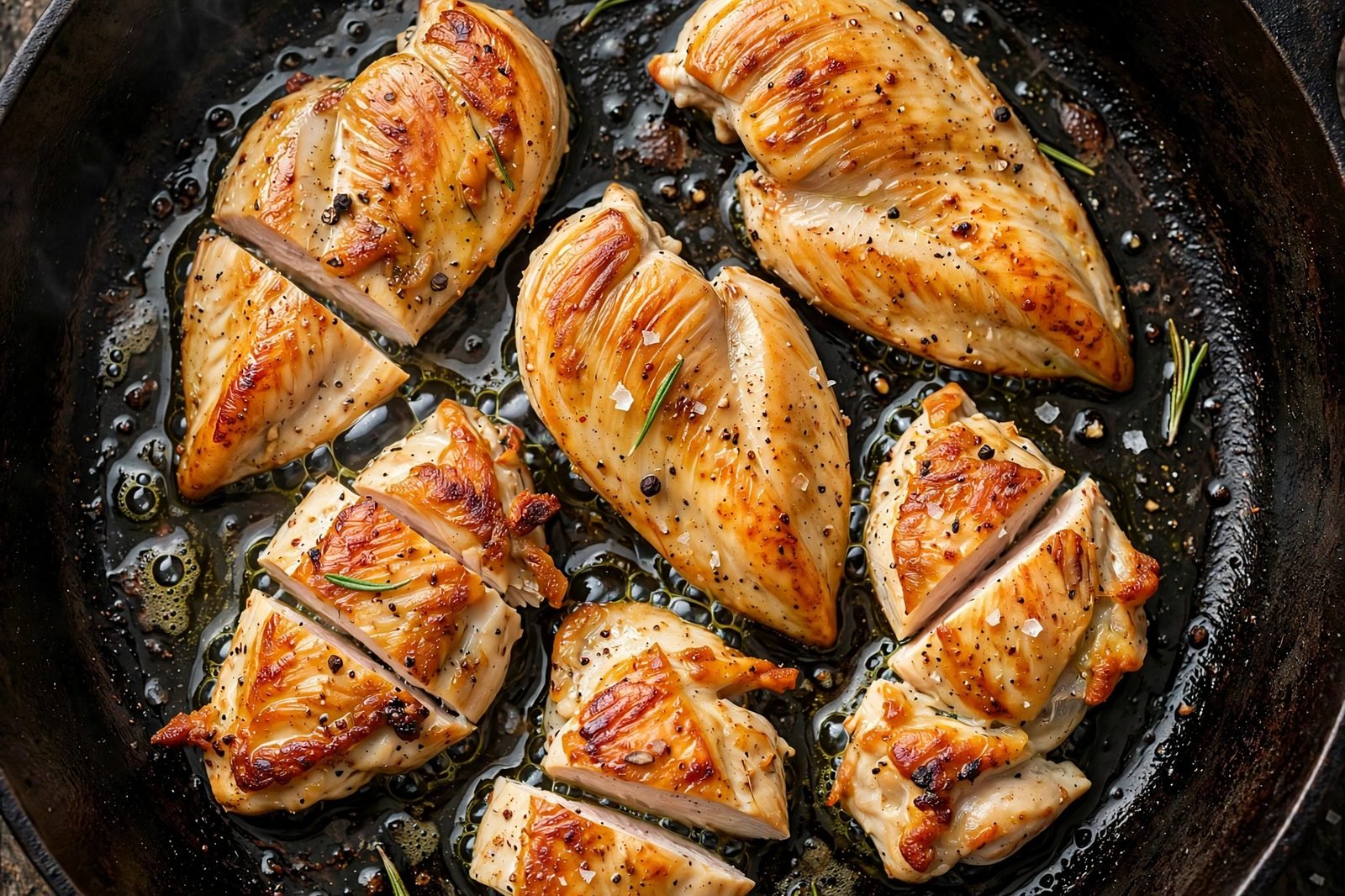 Overhead of golden chicken pieces searing in a hot skillet with olive oil.