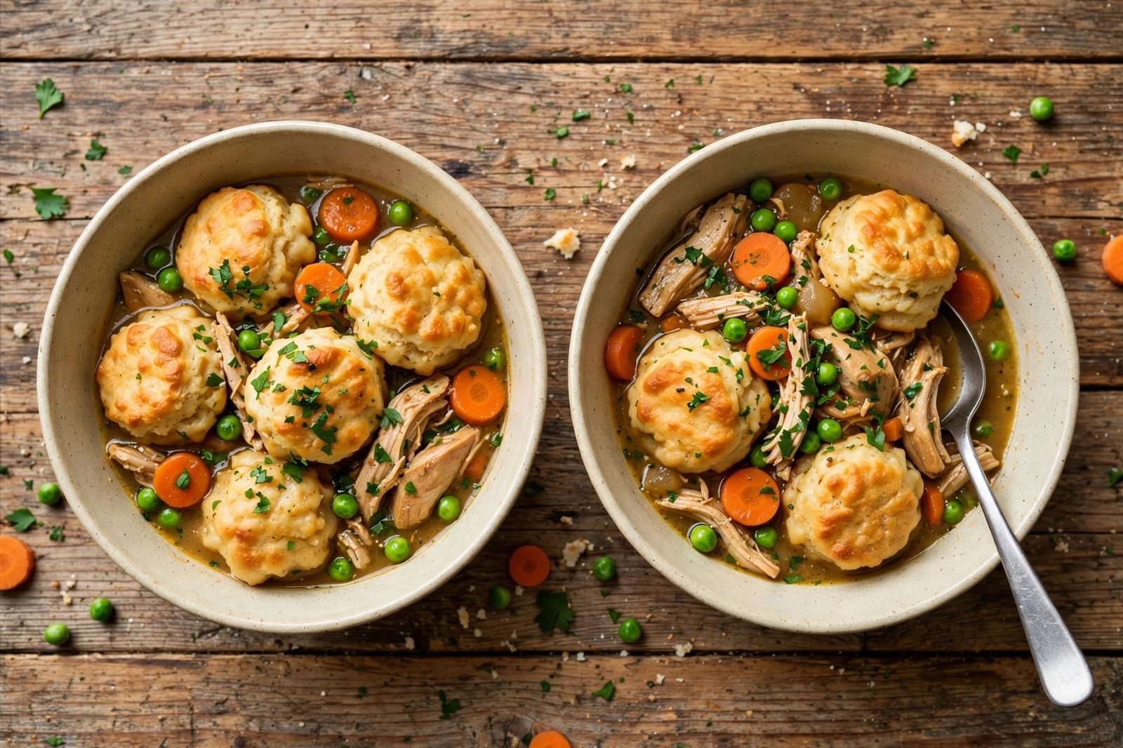 Overhead of two bowls of chicken and dumpling stew with parsley, one with a spoon.