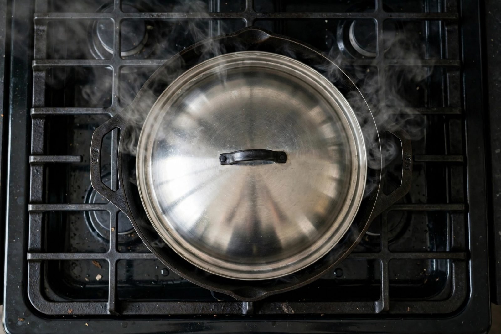 Overhead of the skillet with its lid on, steam wisping from the edges, on the stovetop.