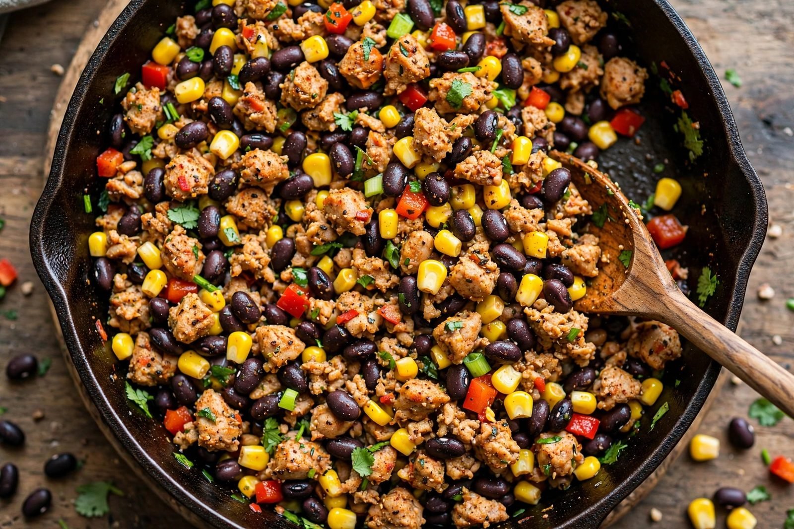 Overhead of black beans and corn just added to the seasoned turkey in the skillet.
