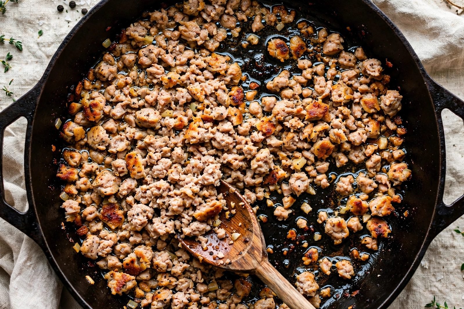 Overhead of ground turkey browning in a skillet with a wooden spoon breaking it up.