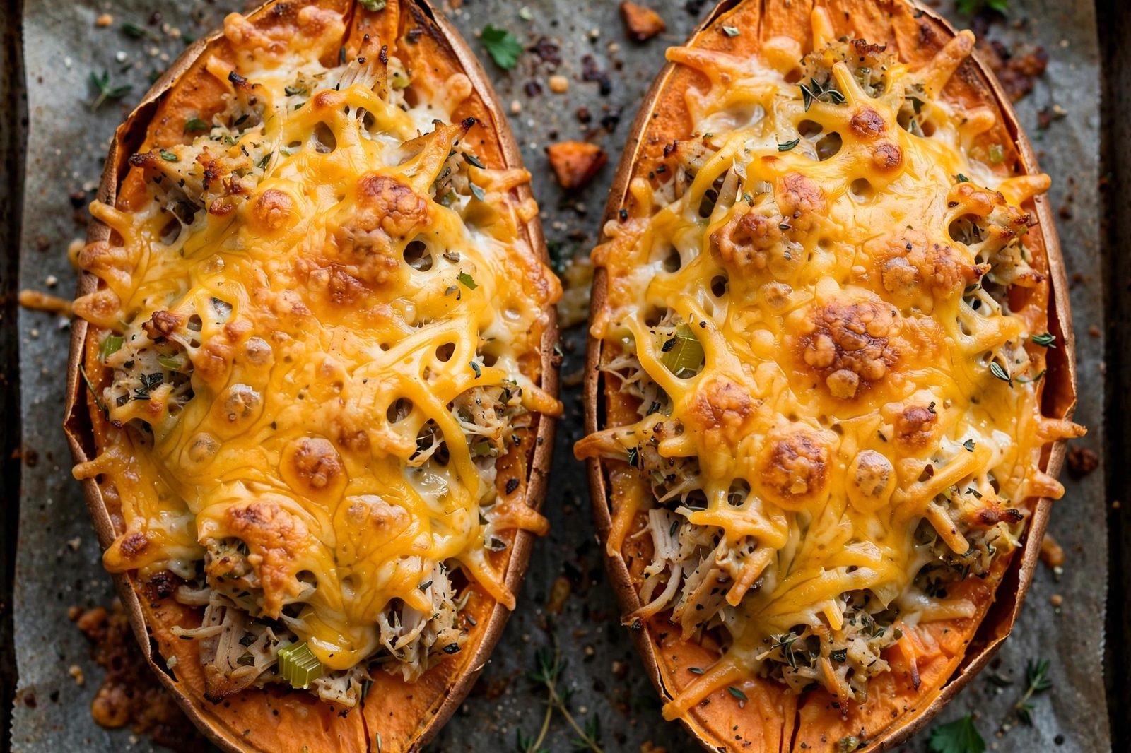Overhead of shredded cheddar melting over the stuffed potatoes in the skillet.