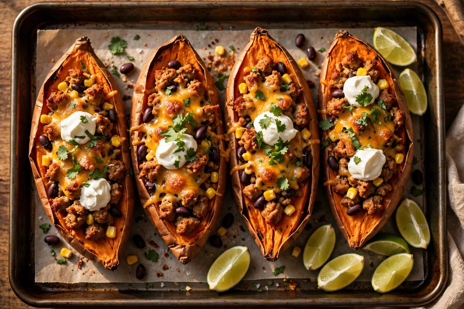 Overhead of the finished dish: four sweet potato halves on a platter stuffed with turkey taco filling, melty cheddar, cilantro, and lime wedges.