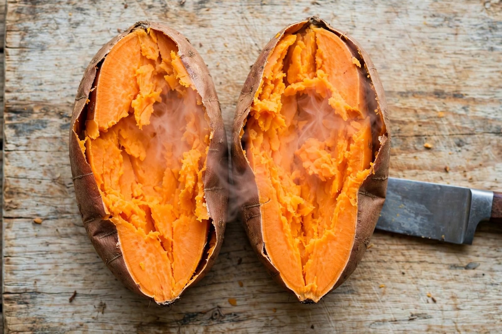 Overhead of a microwaved sweet potato being halved lengthwise on a cutting board.