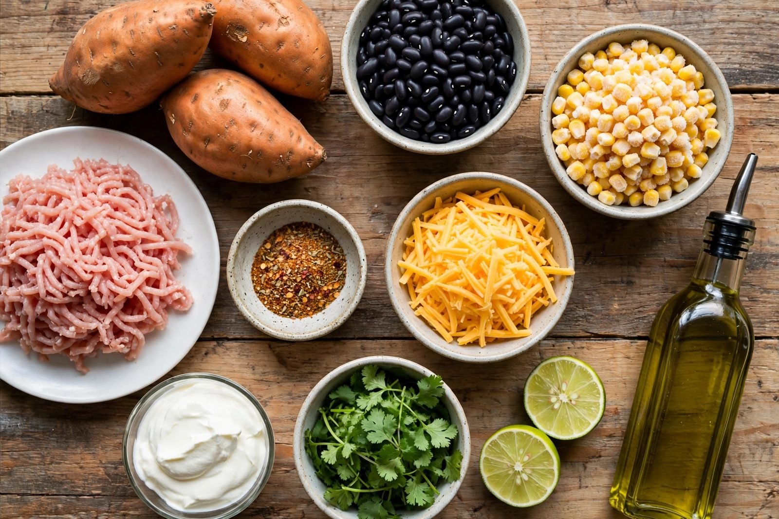 Overhead of raw sweet potatoes, ground turkey, canned black beans, corn, taco seasoning, shredded cheddar, onion, garlic, lime, and cilantro on a counter.