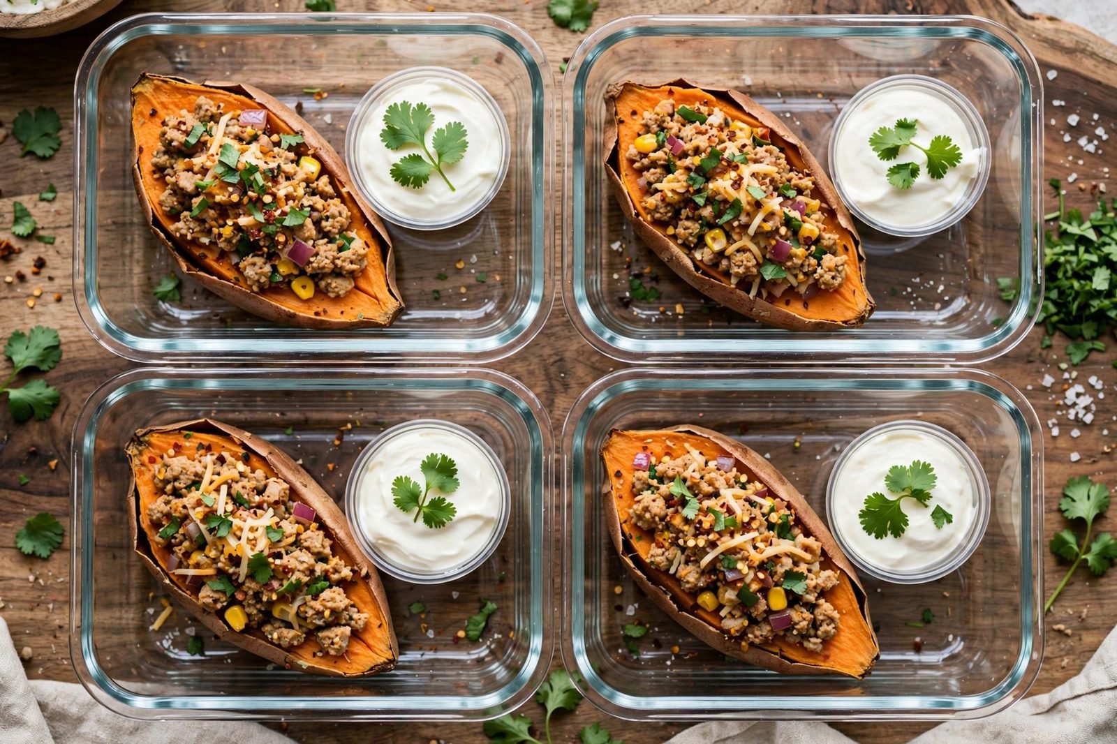 Overhead of glass meal-prep containers with a stuffed potato half and lime.