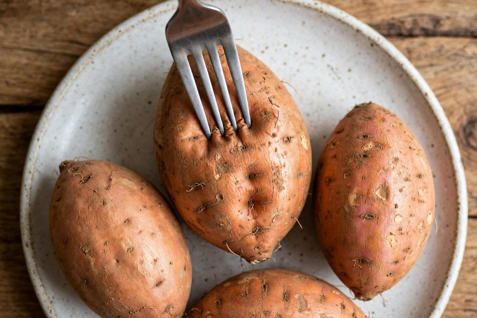 Overhead of sweet potatoes being pierced with a fork on a cutting board.