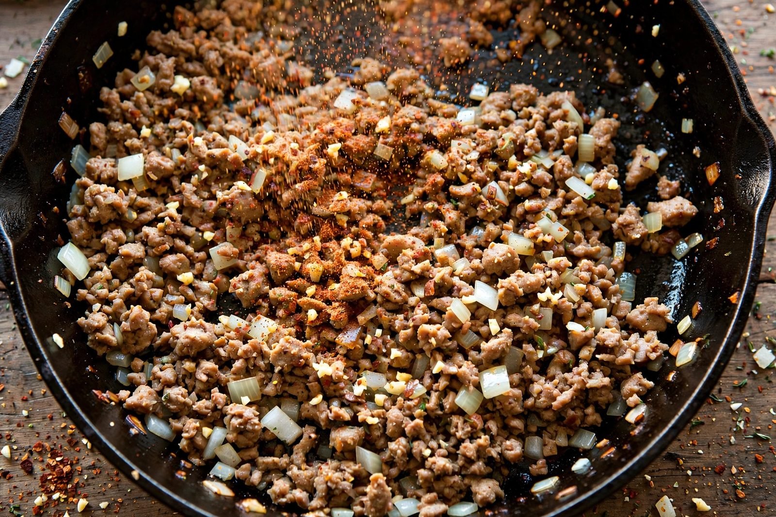 Overhead of taco seasoning being sprinkled over the browned turkey in the skillet.