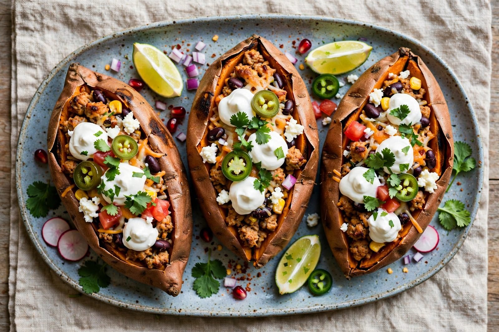 Overhead of the finished platter of stuffed sweet potatoes with sour cream, cilantro, and lime wedges.