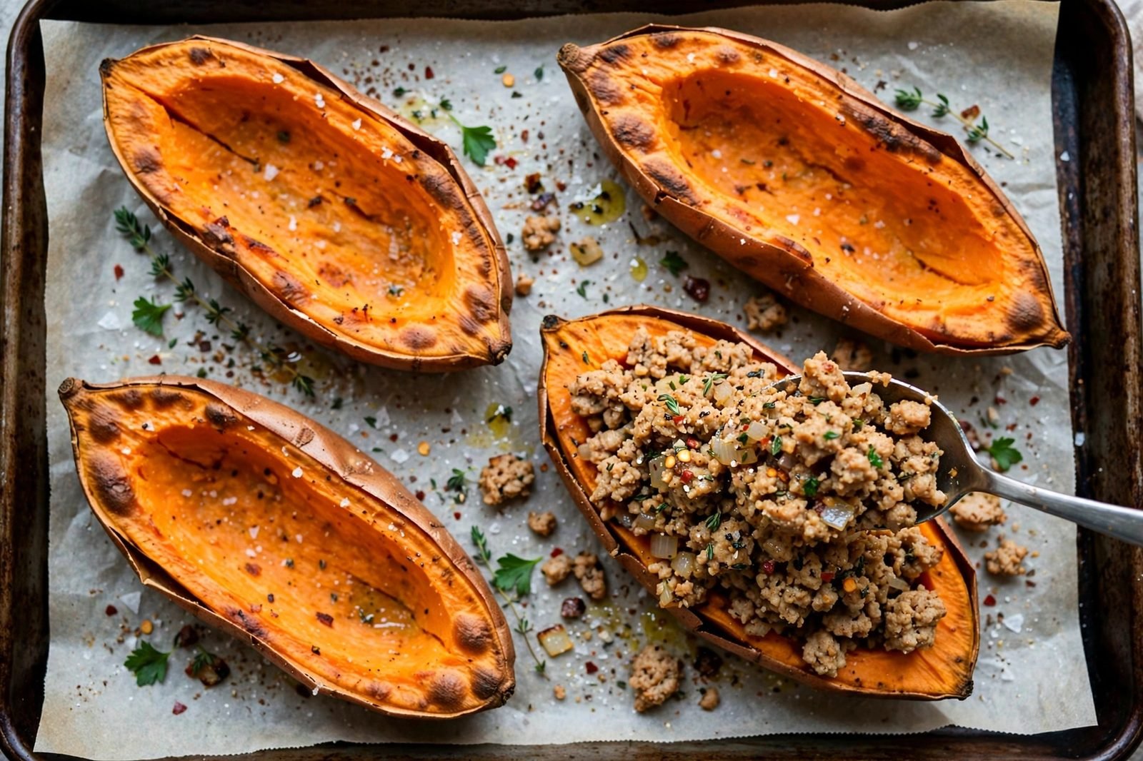 Overhead of the turkey taco filling being spooned into the baked sweet potato halves.