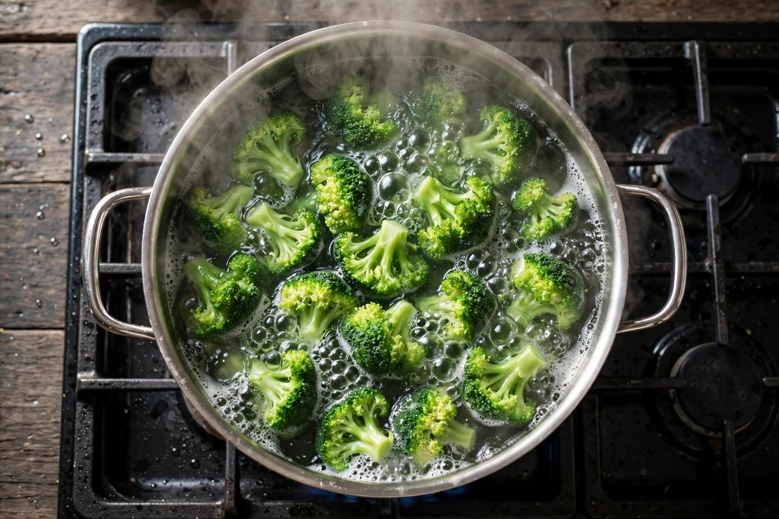 Overhead of broccoli florets being blanched in boiling water in a pot.