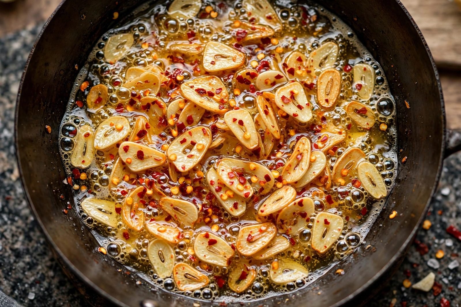 Overhead of garlic and chili flakes blooming to pale gold in the wok.