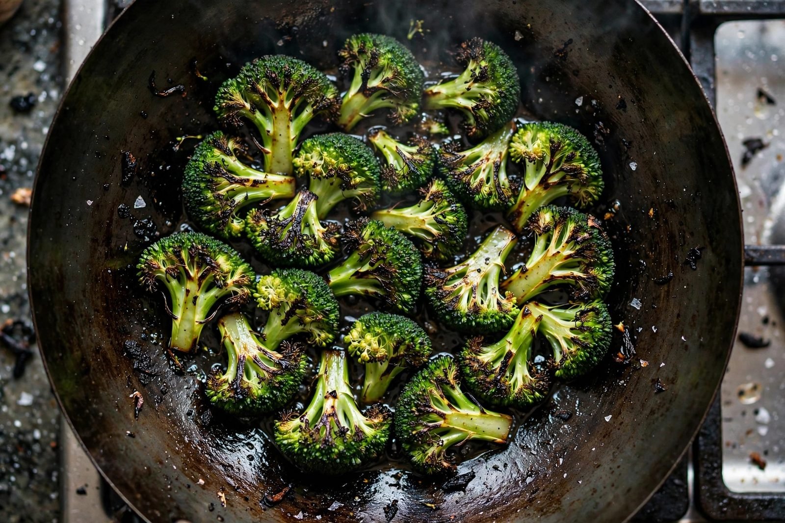 Overhead of broccoli florets getting charred edges in the hot wok.