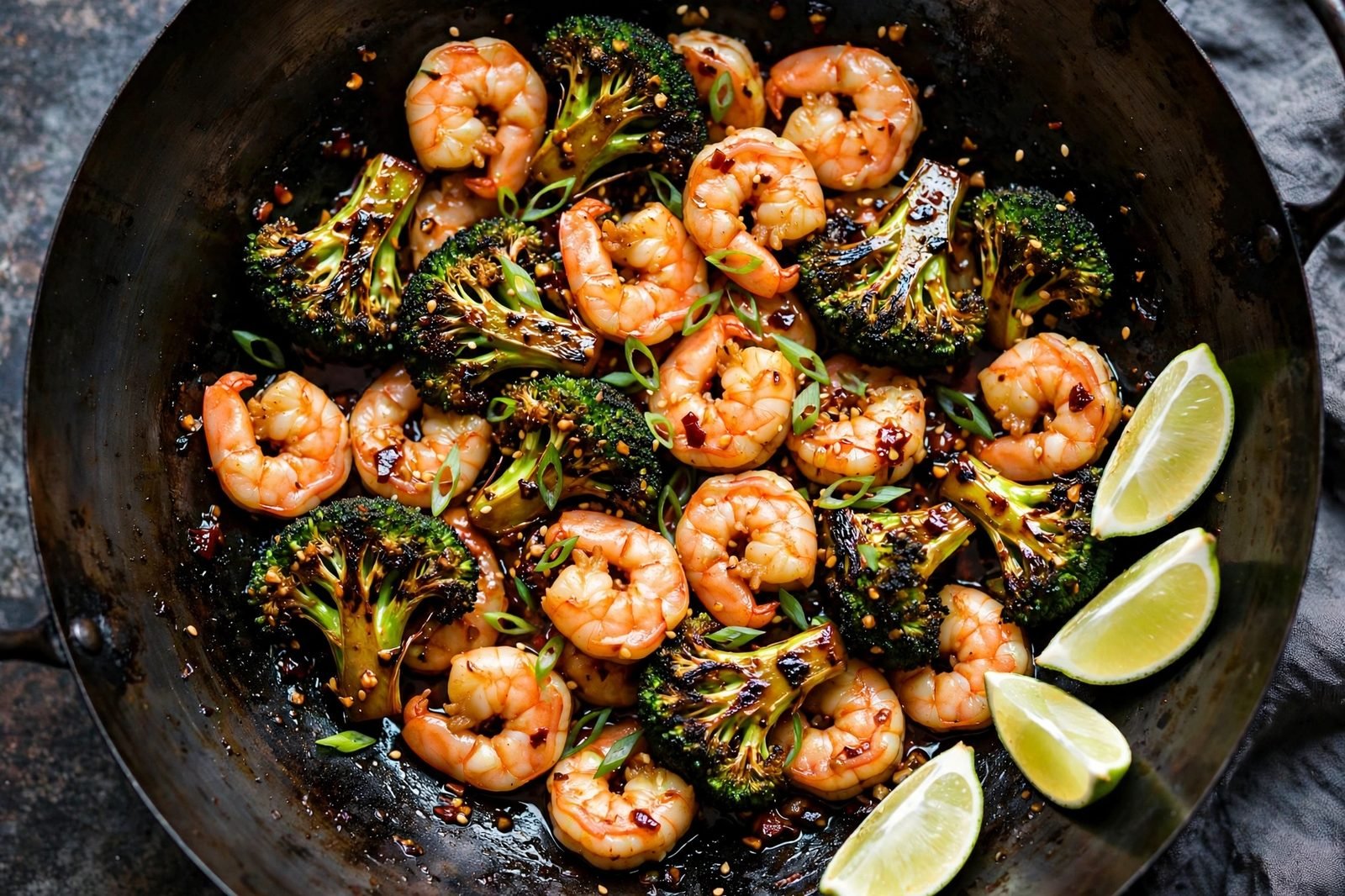 Overhead of the finished stir-fry in a wok: pink shrimp and charred broccoli glistening in garlic-chili glaze, red chili flakes visible, chopsticks at the rim.