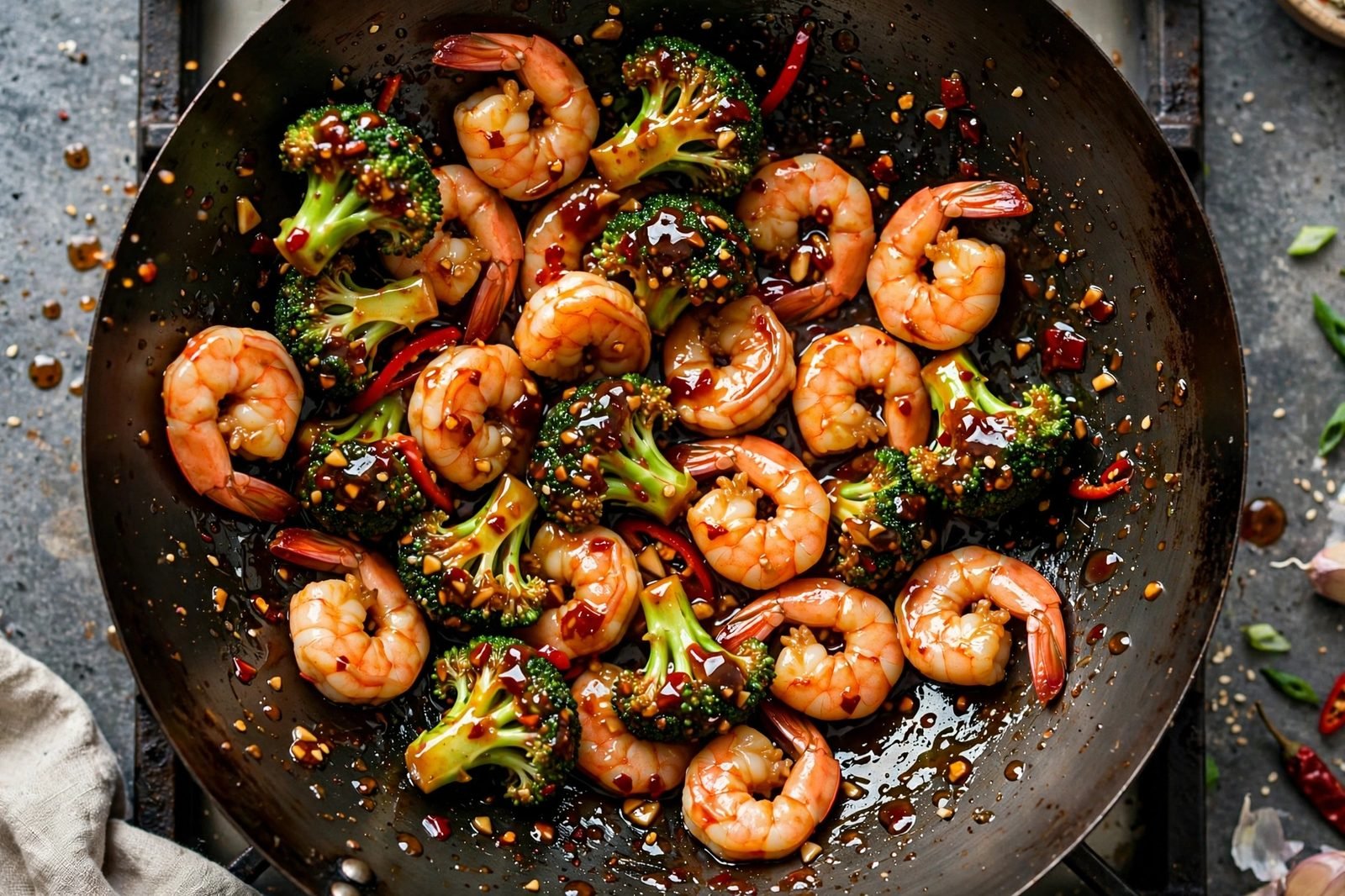Overhead of shrimp and broccoli being tossed in the wok as the glaze turns glossy.