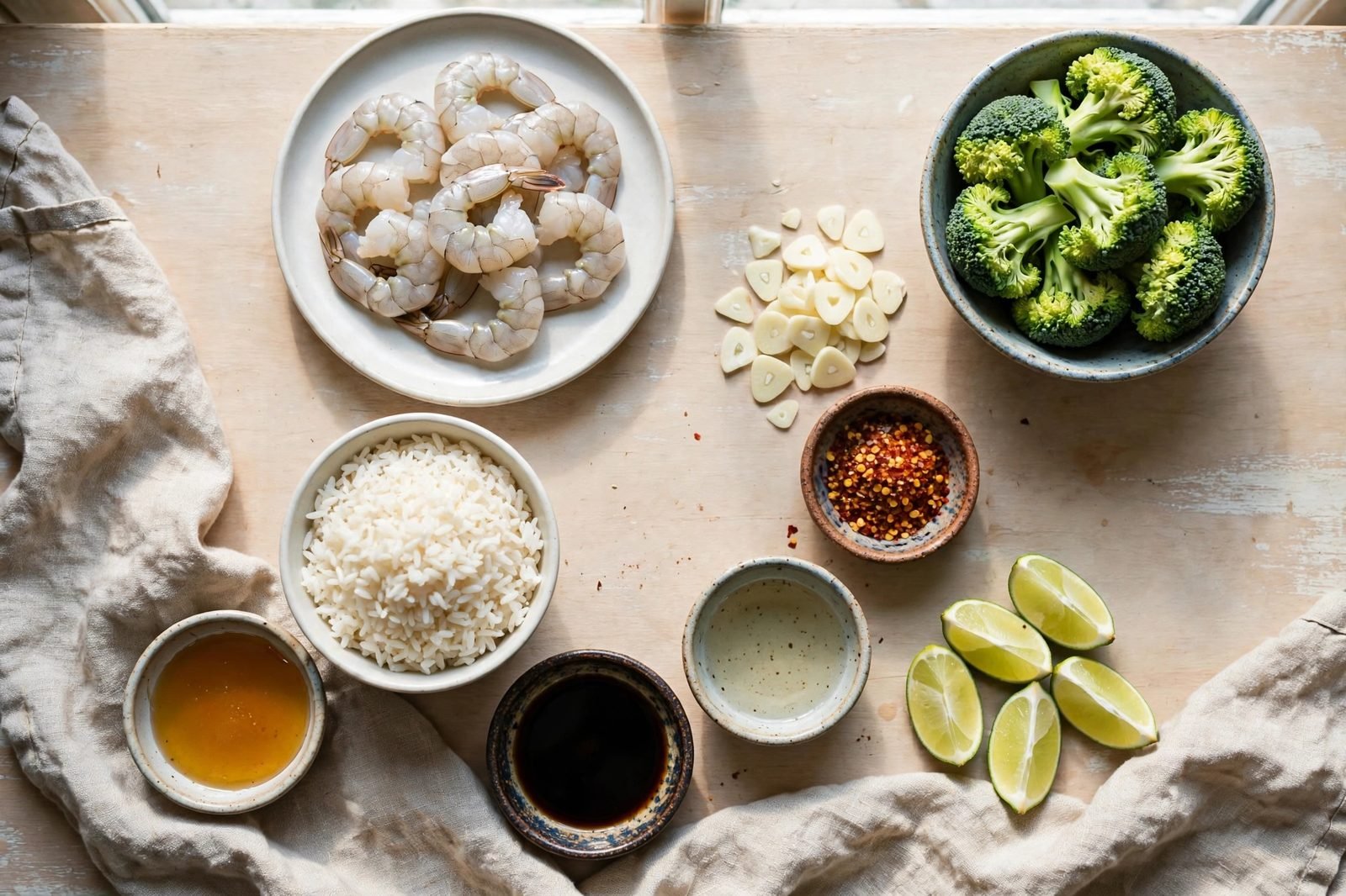 Overhead of raw shrimp, broccoli florets, garlic, chili flakes, soy sauce, honey, rice vinegar, cornstarch, oil, and scallions on a counter.