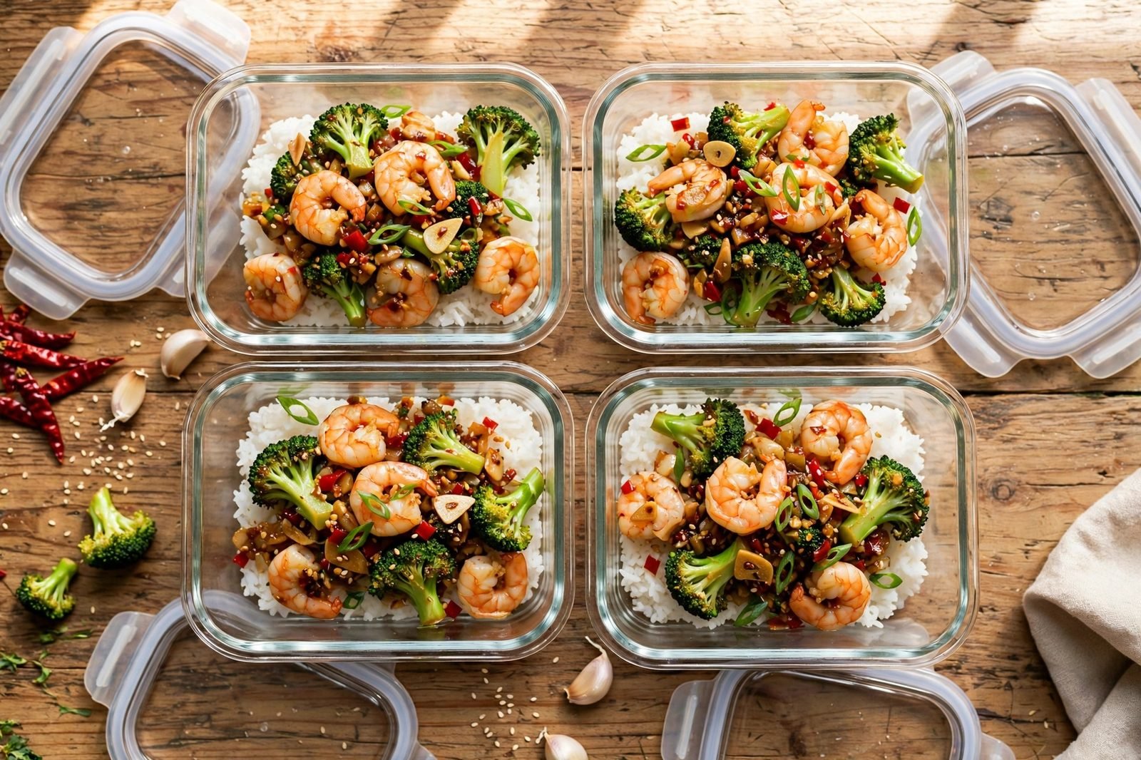 Overhead of glass meal-prep containers with rice and the shrimp-broccoli stir-fry.