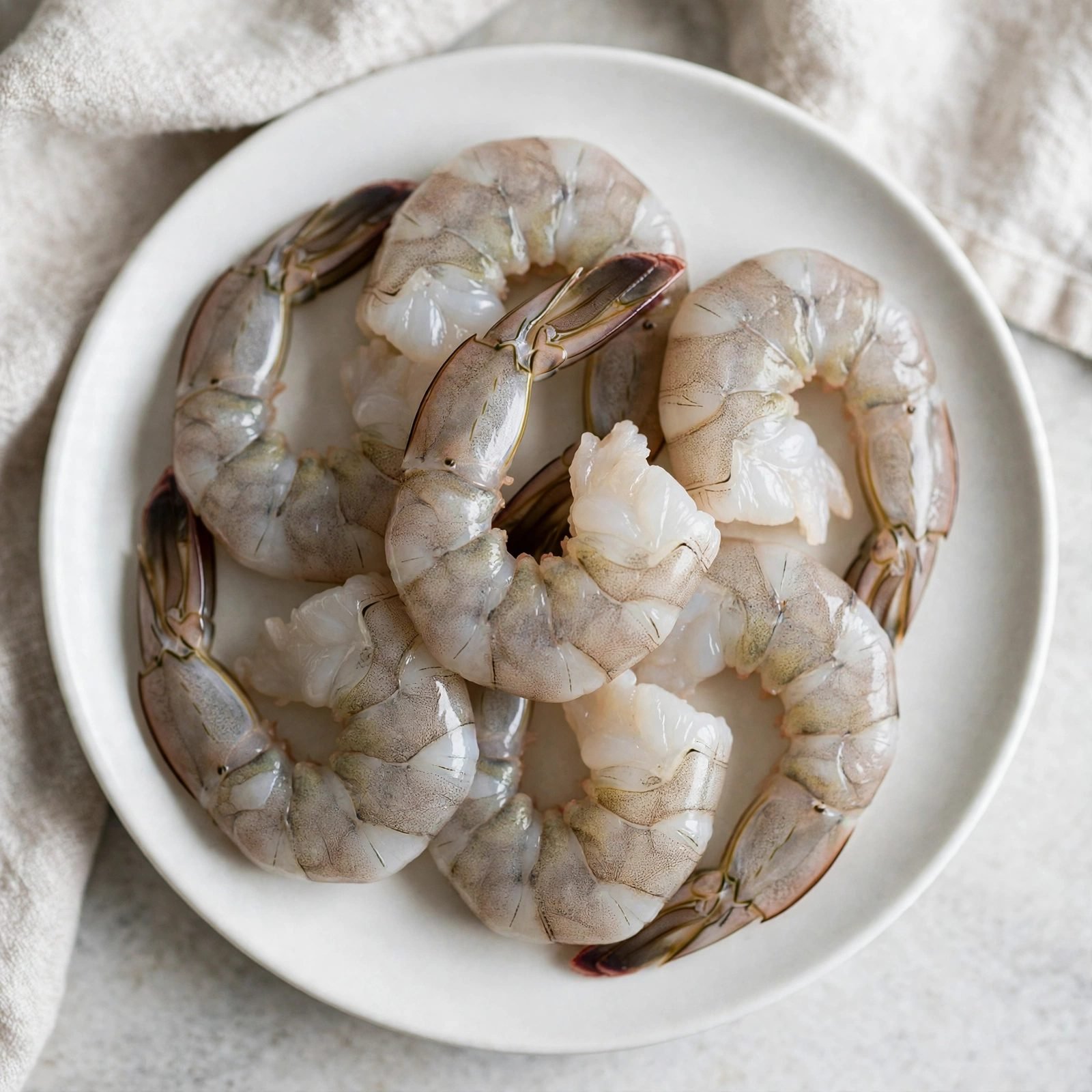 Overhead of raw peeled and deveined shrimp in a bowl with cornstarch being tossed.