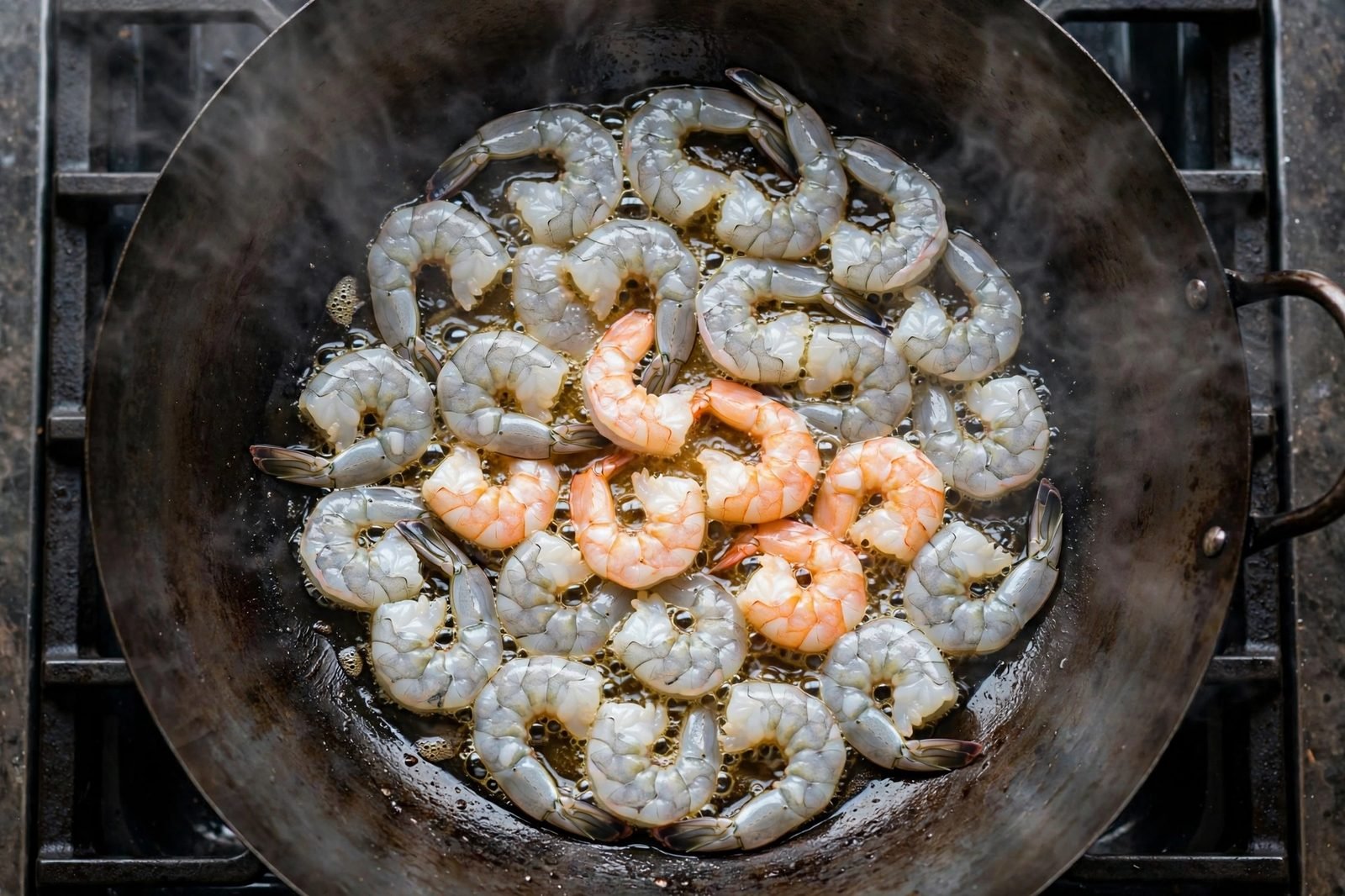 Overhead of shrimp searing in a hot wok with shrimp curling into C-shapes.