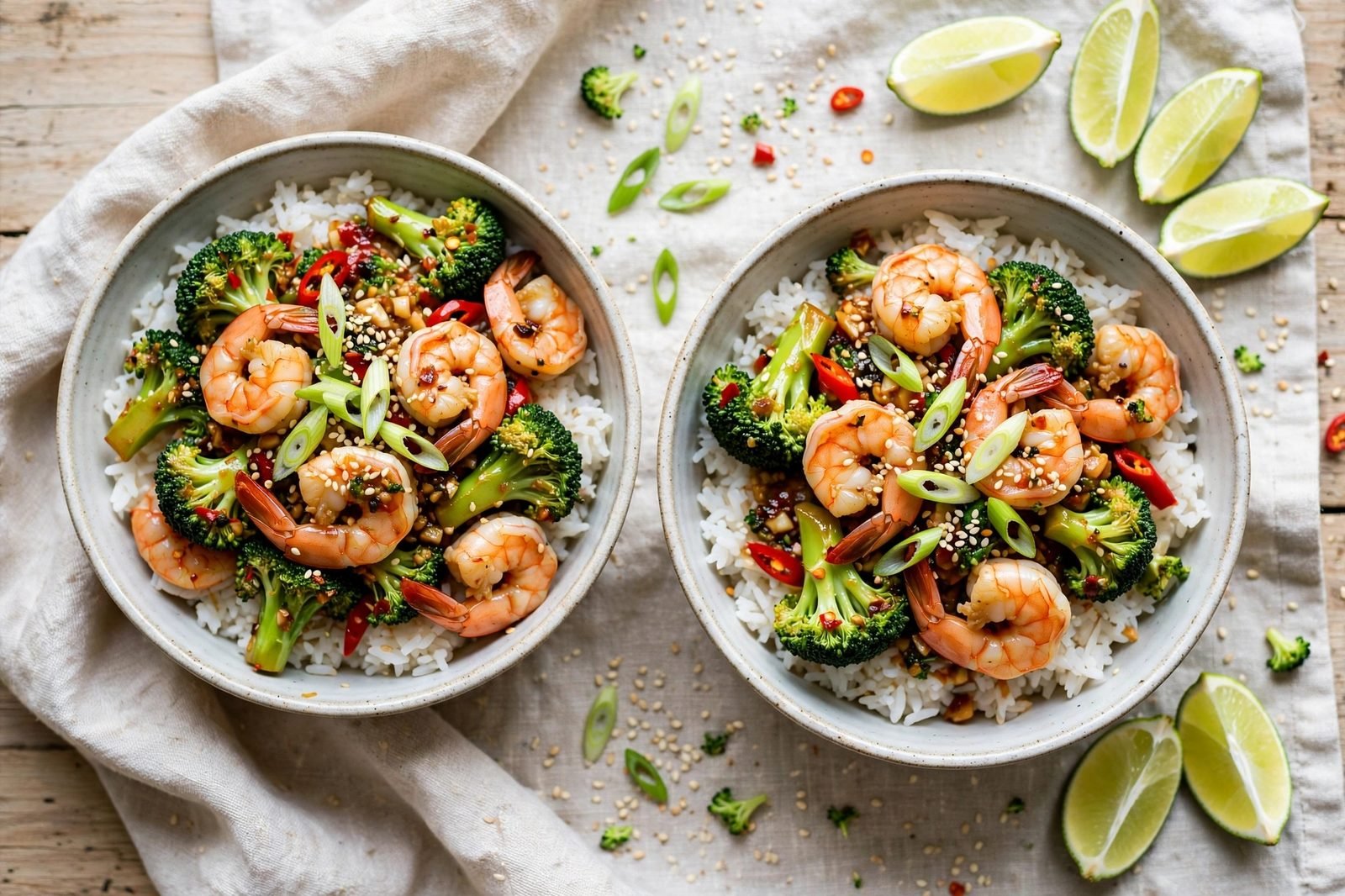 Overhead of two bowls of rice topped with the shrimp and broccoli stir-fry, scallions and sesame.