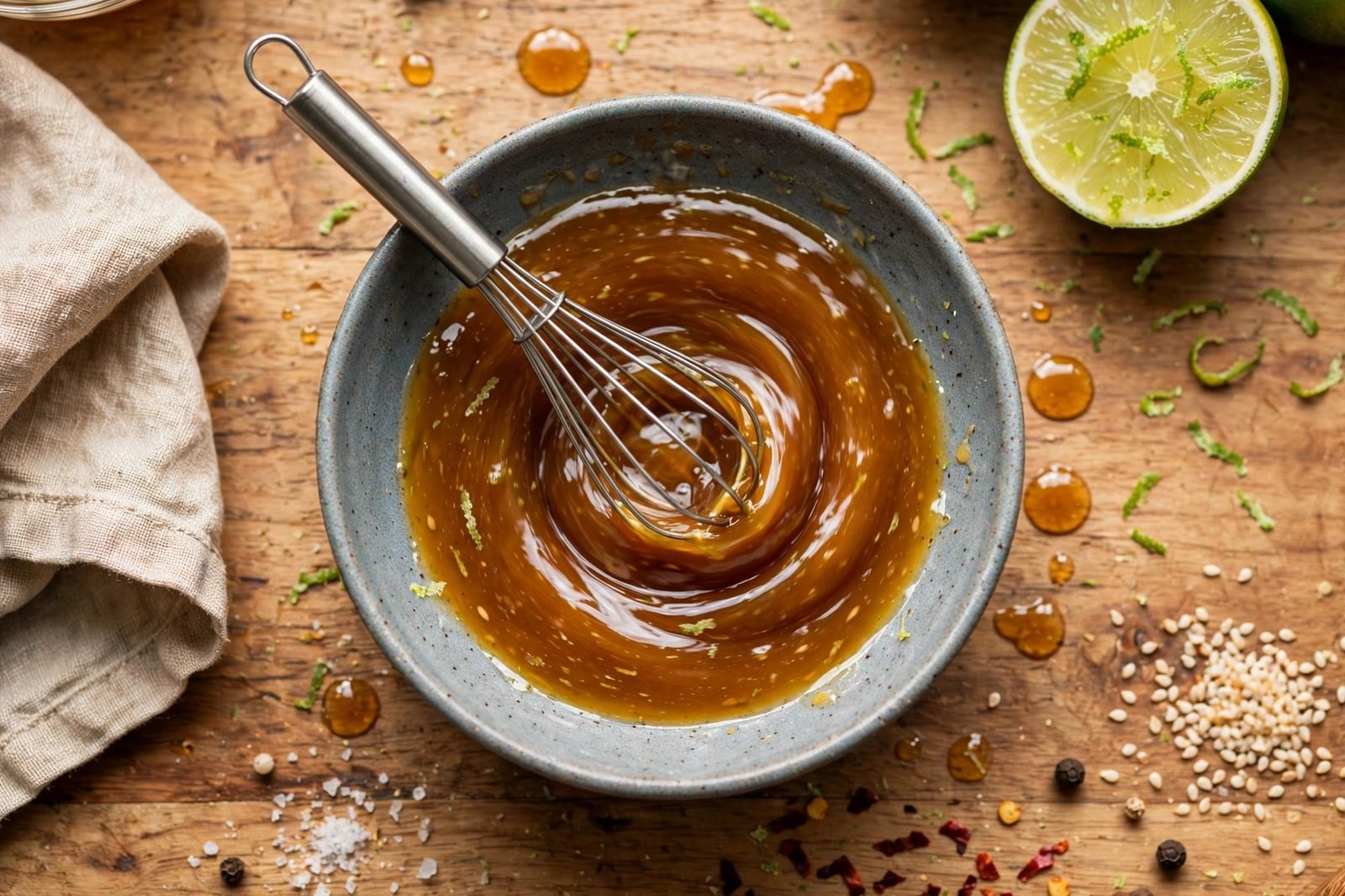 Overhead of the soy-honey-chili glaze being whisked in a small bowl.