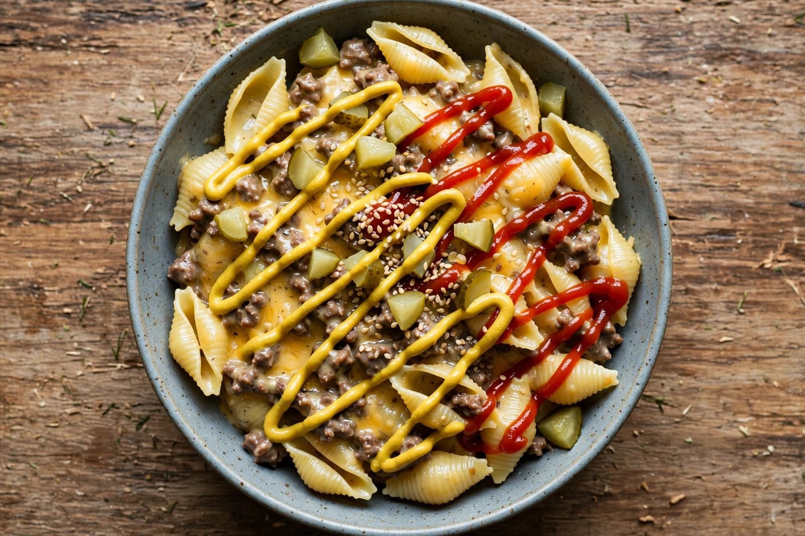 Overhead of a bowl of the pasta surrounded by small dishes of diced pickles, lettuce, and ketchup.