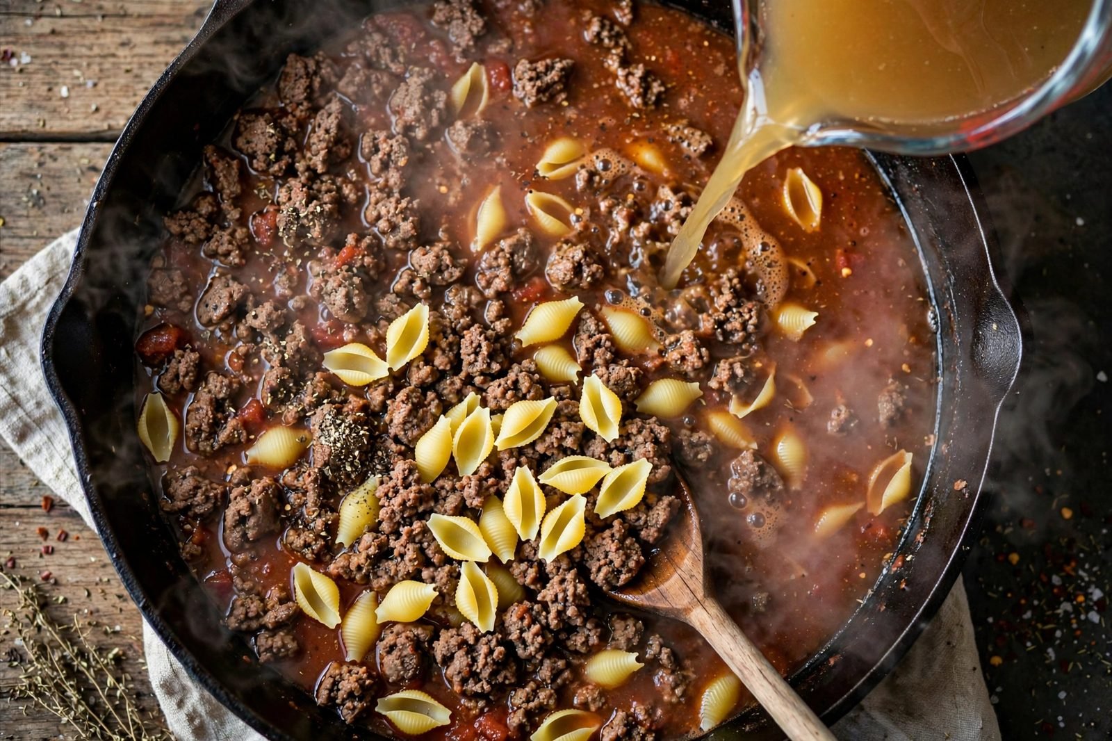 Overhead of beef broth being poured over dry shell pasta in the skillet.