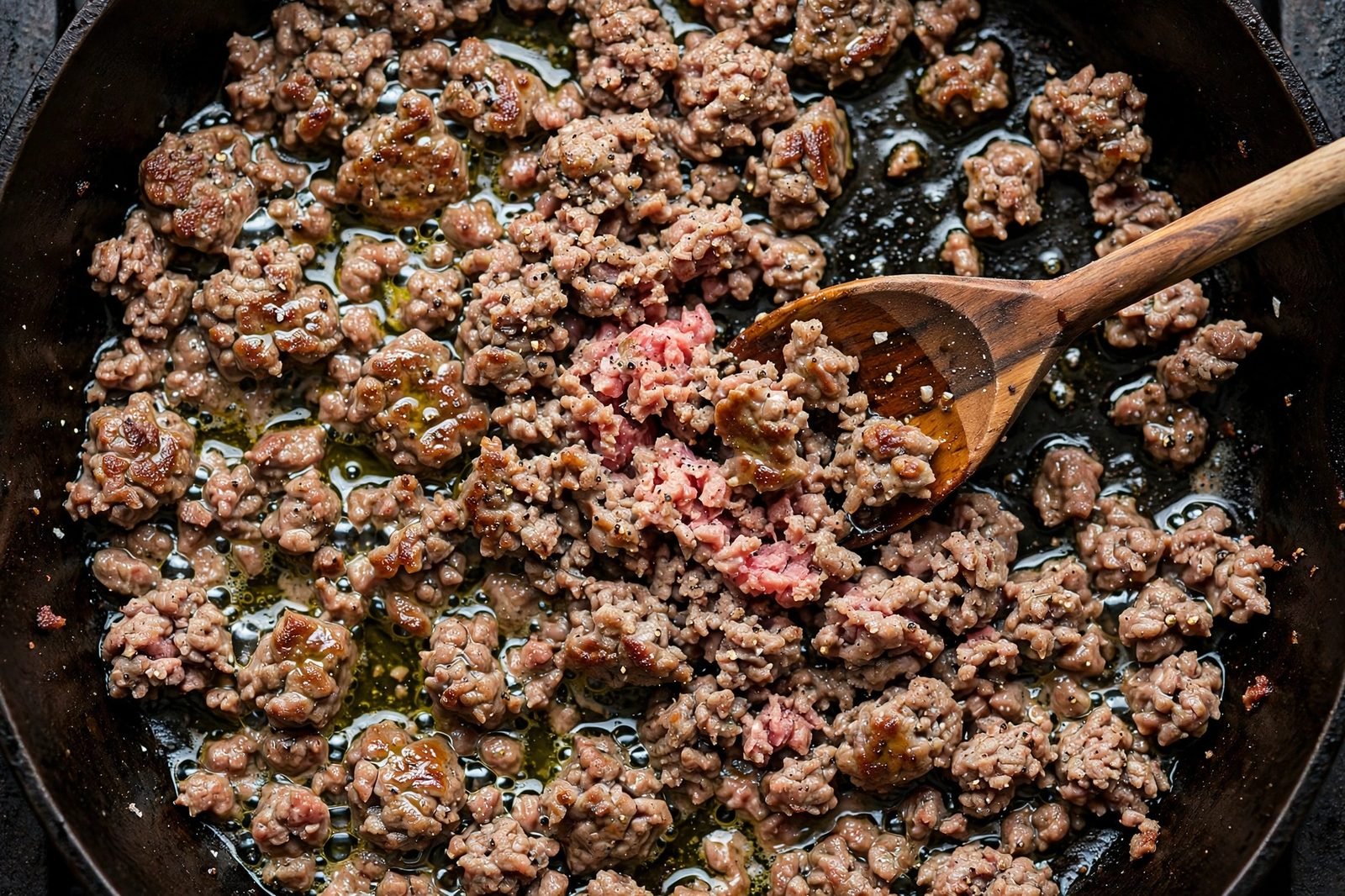 Overhead of ground beef browning in the deep skillet, being broken into crumbles.