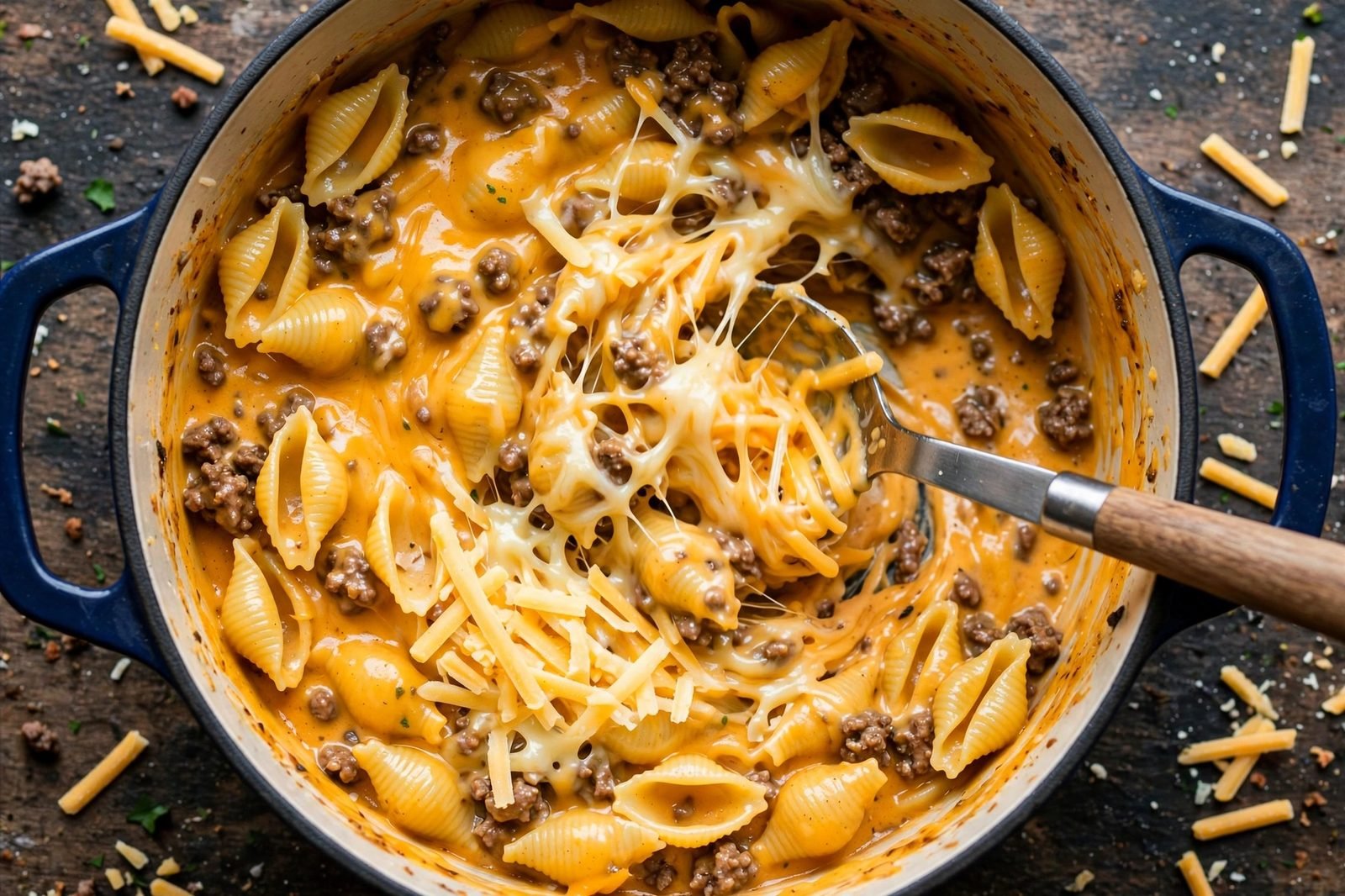 Overhead of shredded cheddar melting into the pasta in the skillet.