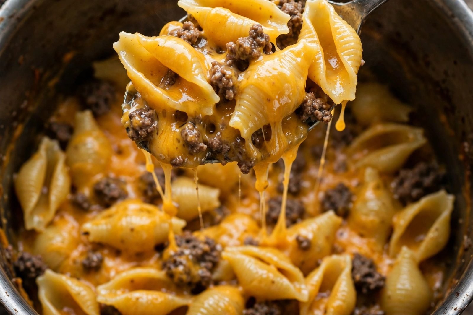 Overhead close-up of a spoon lifting cheesy shell pasta with browned beef.