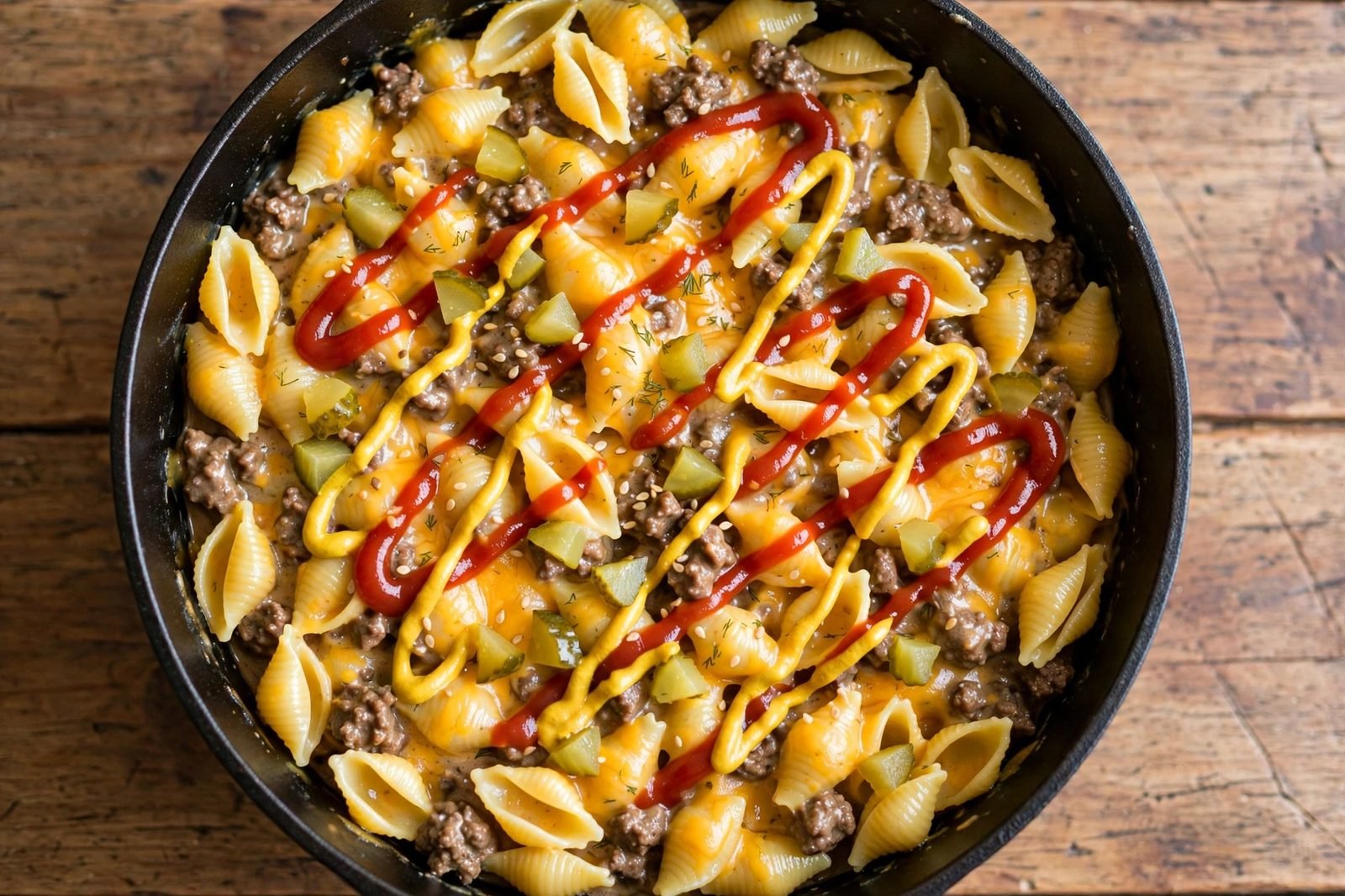 Overhead of the finished dish: the deep skillet of cheeseburger pasta with melty cheddar, diced pickles, and shredded lettuce, a wooden spoon in the pot.