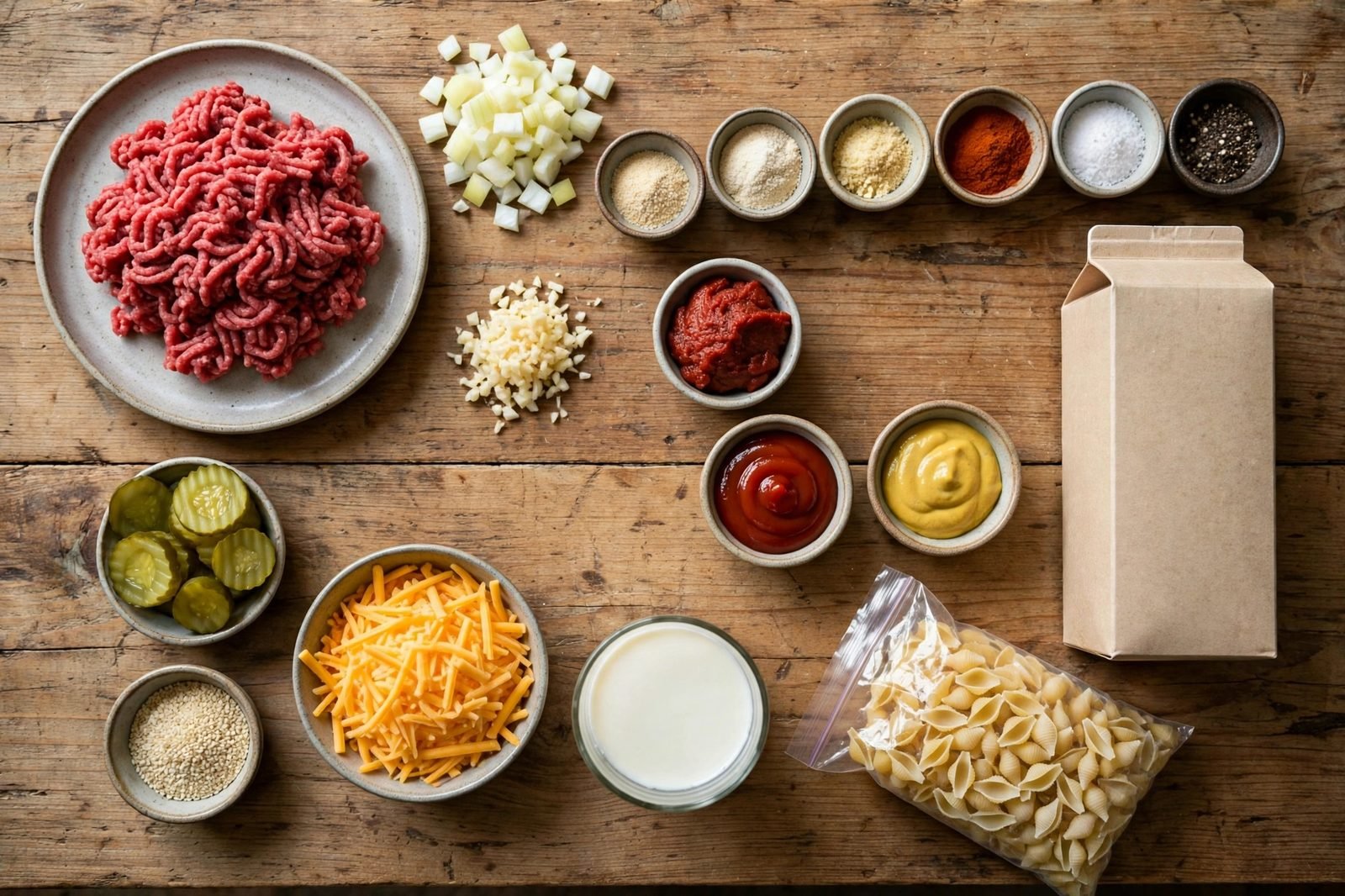 Overhead of ground beef, shell pasta, cheddar, onion, garlic, ketchup, mustard, pickles, beef broth, milk, and seasonings on a counter.