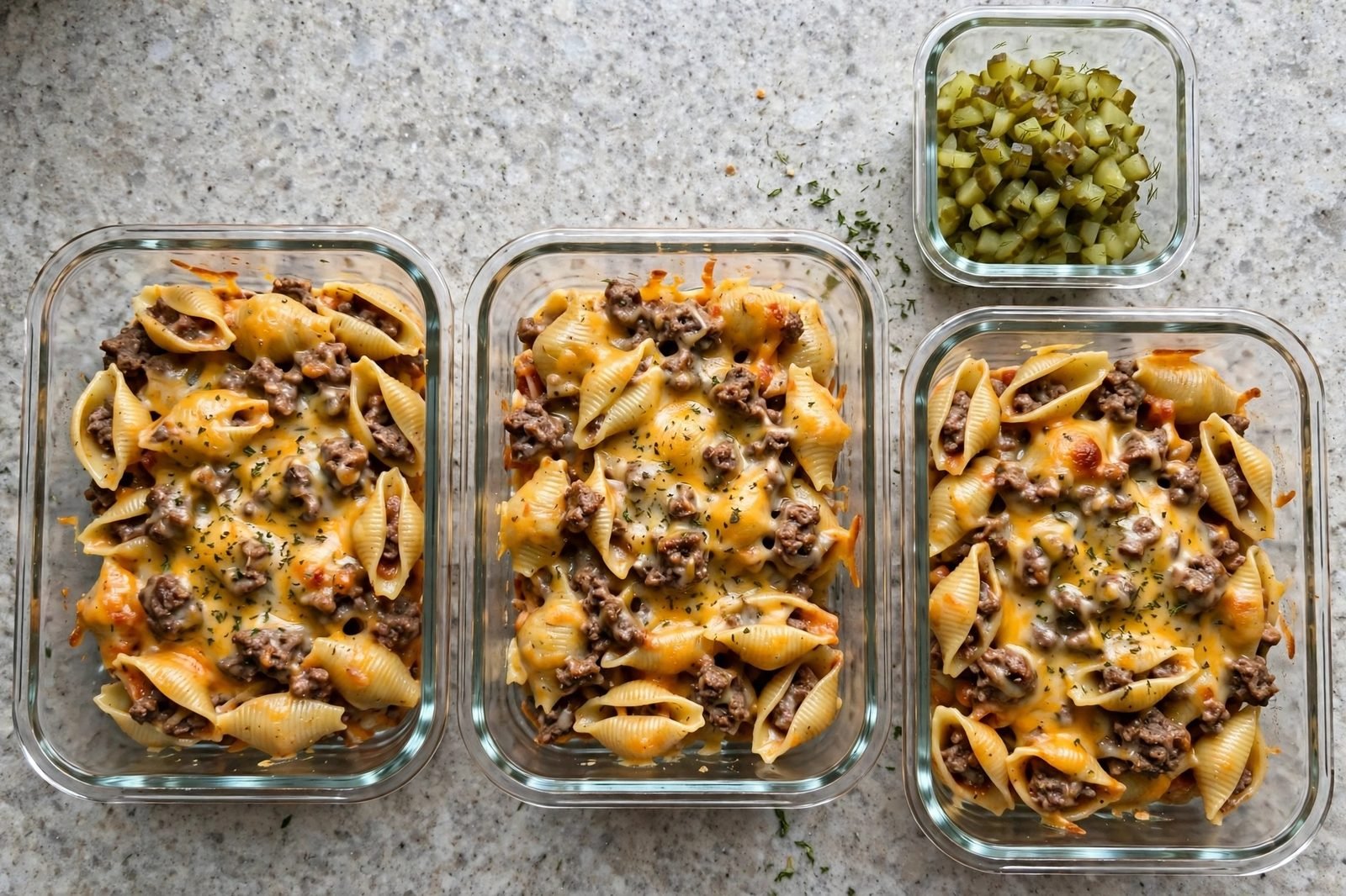 Overhead of glass meal-prep containers filled with the cheeseburger pasta.