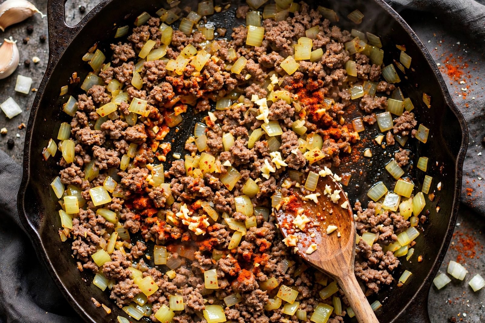 Overhead of diced onion, garlic, and seasonings added to the browned beef in the skillet.