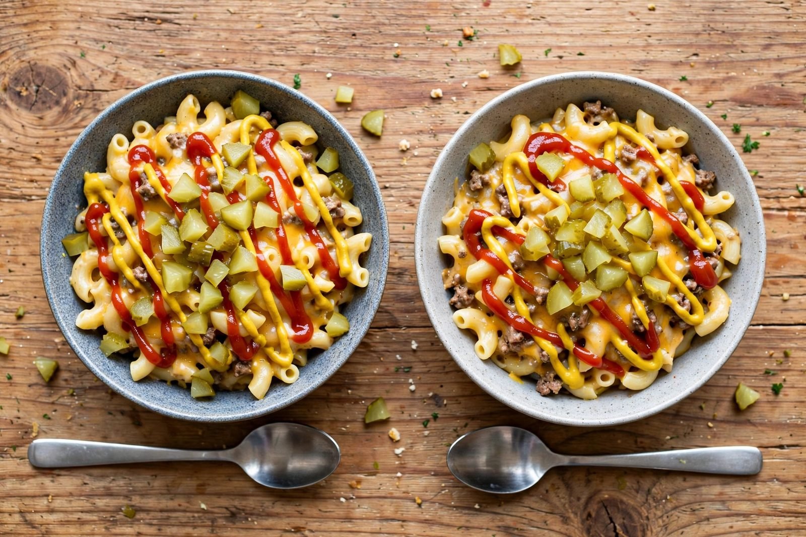 Overhead of two bowls of cheeseburger pasta topped with pickles, lettuce, and ketchup drizzle.