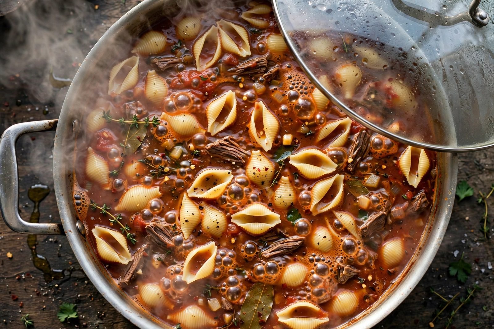Overhead of the pasta simmering under the skillet lid, steam wisping out.