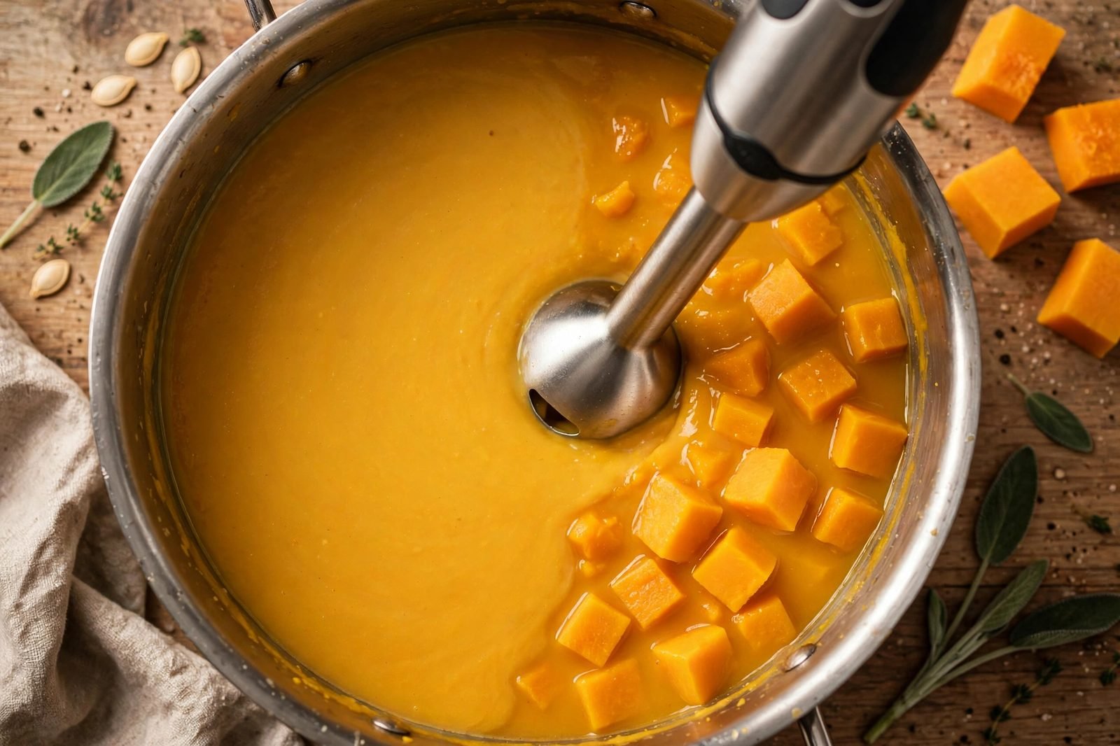 Overhead of an immersion blender partially blending the soup in the pot.