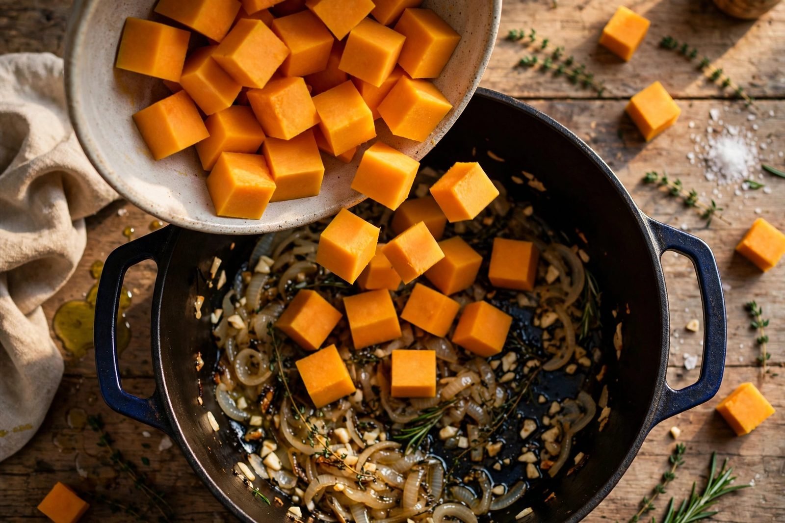 Overhead of cubed butternut squash added to the pot with broth being poured in.
