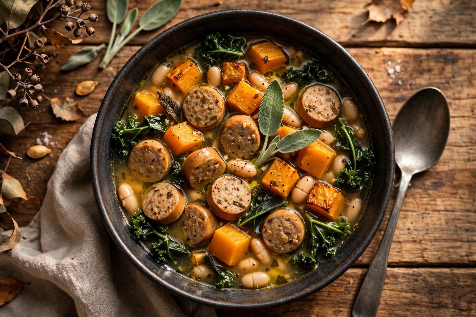 Overhead of the finished soup in a Dutch oven: golden butternut soup with browned sausage coins, white beans, wilted kale, and parsley, a ladle resting in the pot.