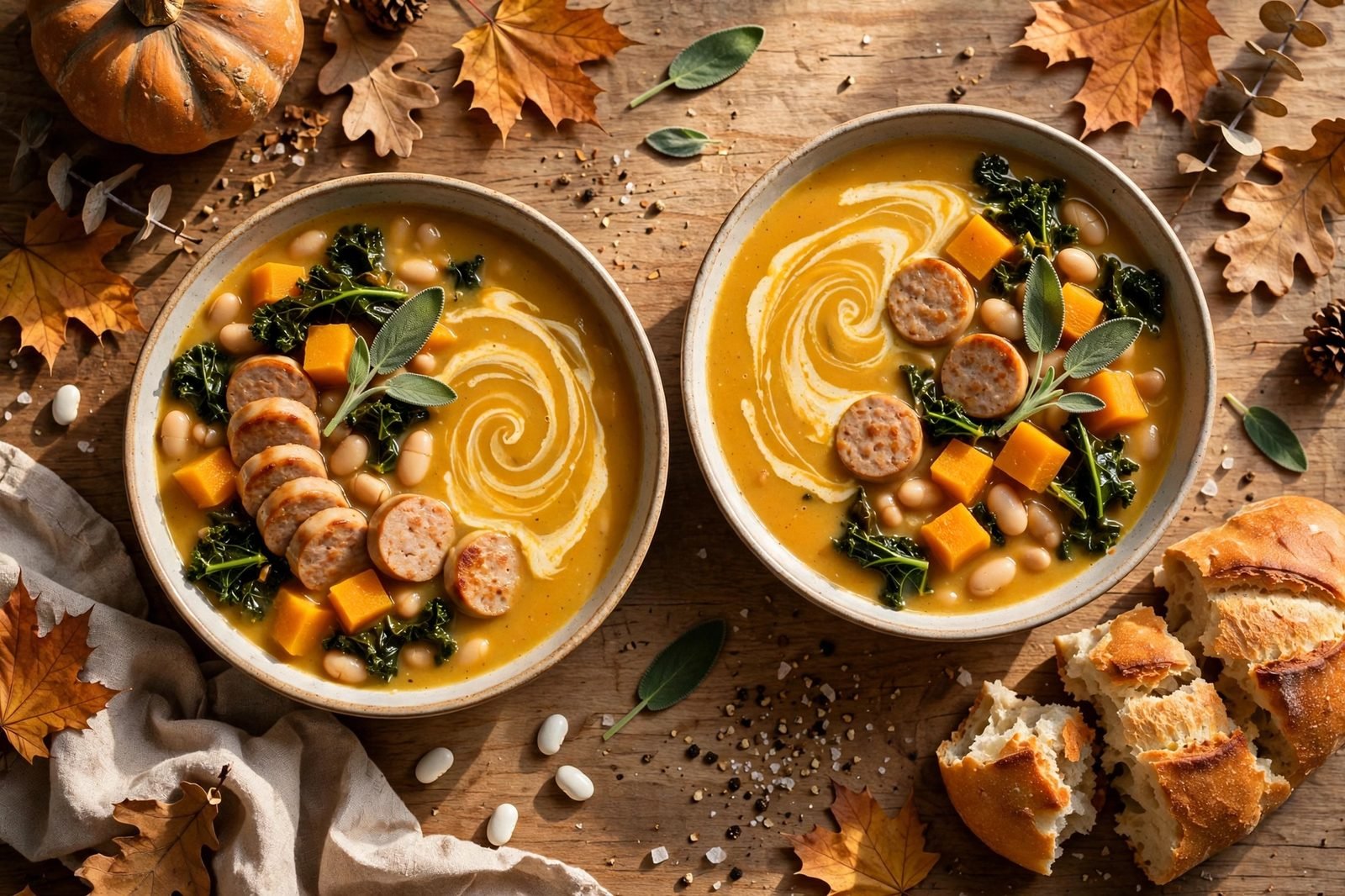 Overhead of two bowls of the soup with crusty bread, parsley, and parmesan.