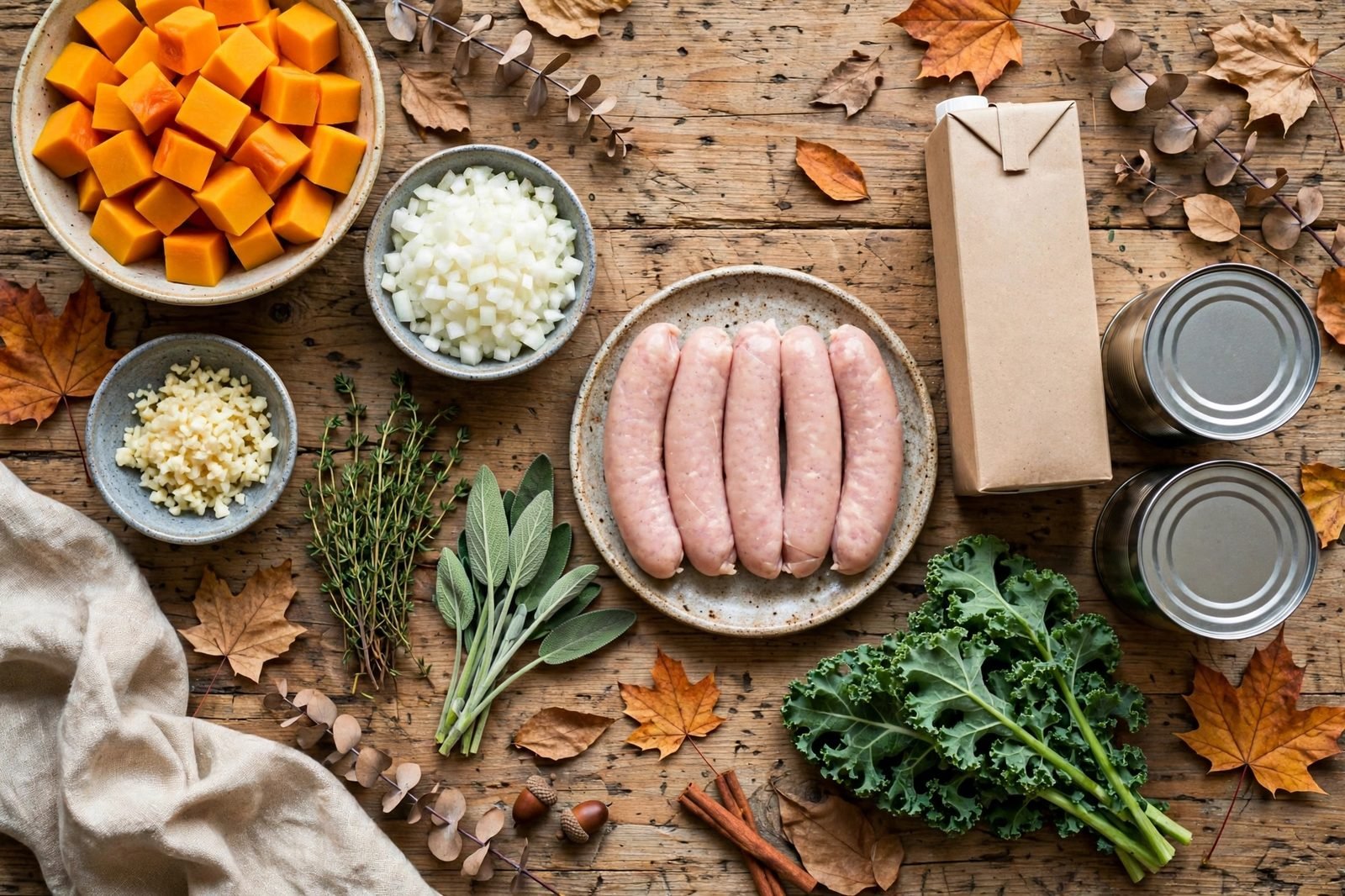Overhead of chicken sausage links, cubed butternut squash, canned white beans, kale, onion, garlic, broth, olive oil, and herbs on a counter.